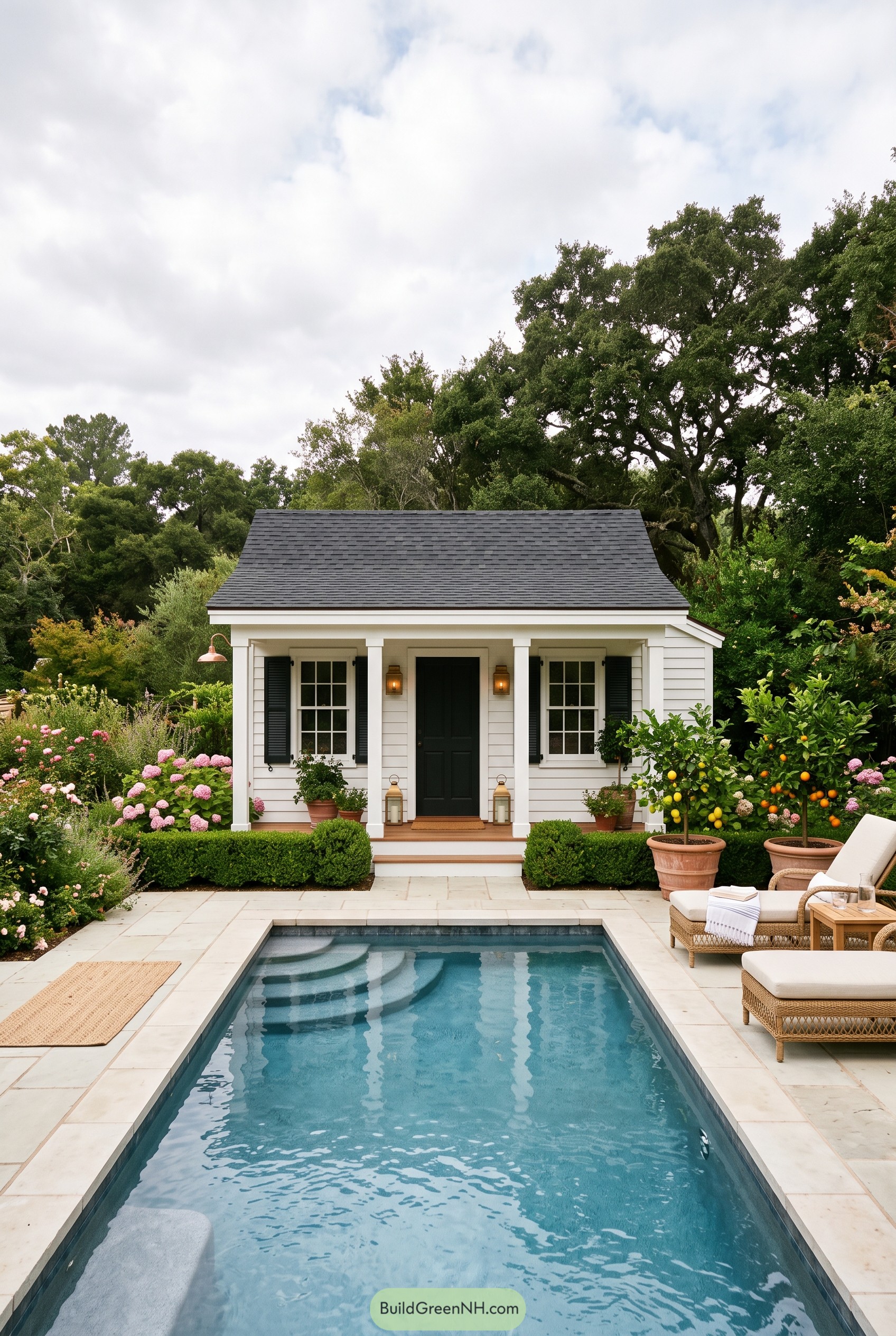 White bathhouse beside a garden pool