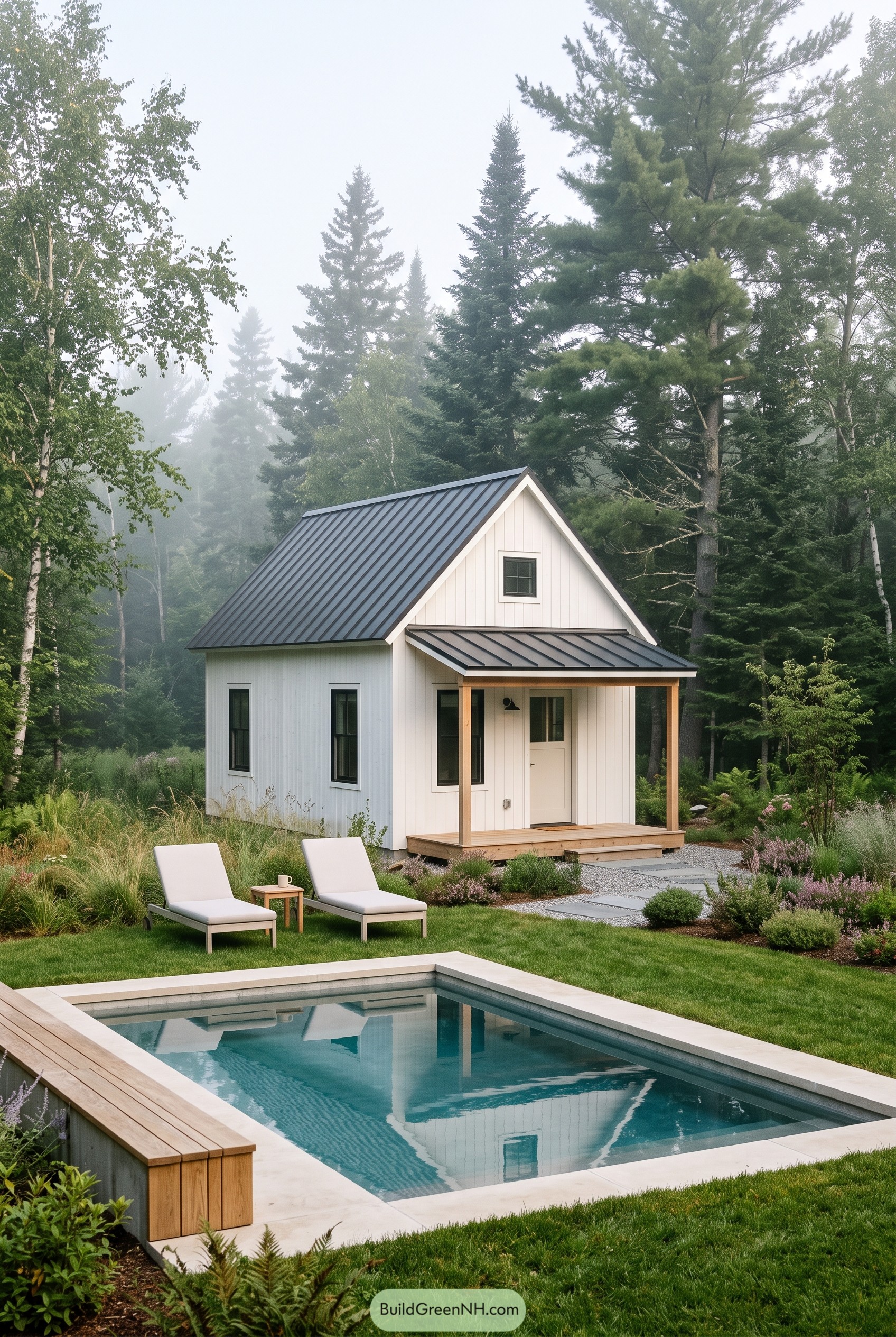 White gabled pool cabin in misty woods