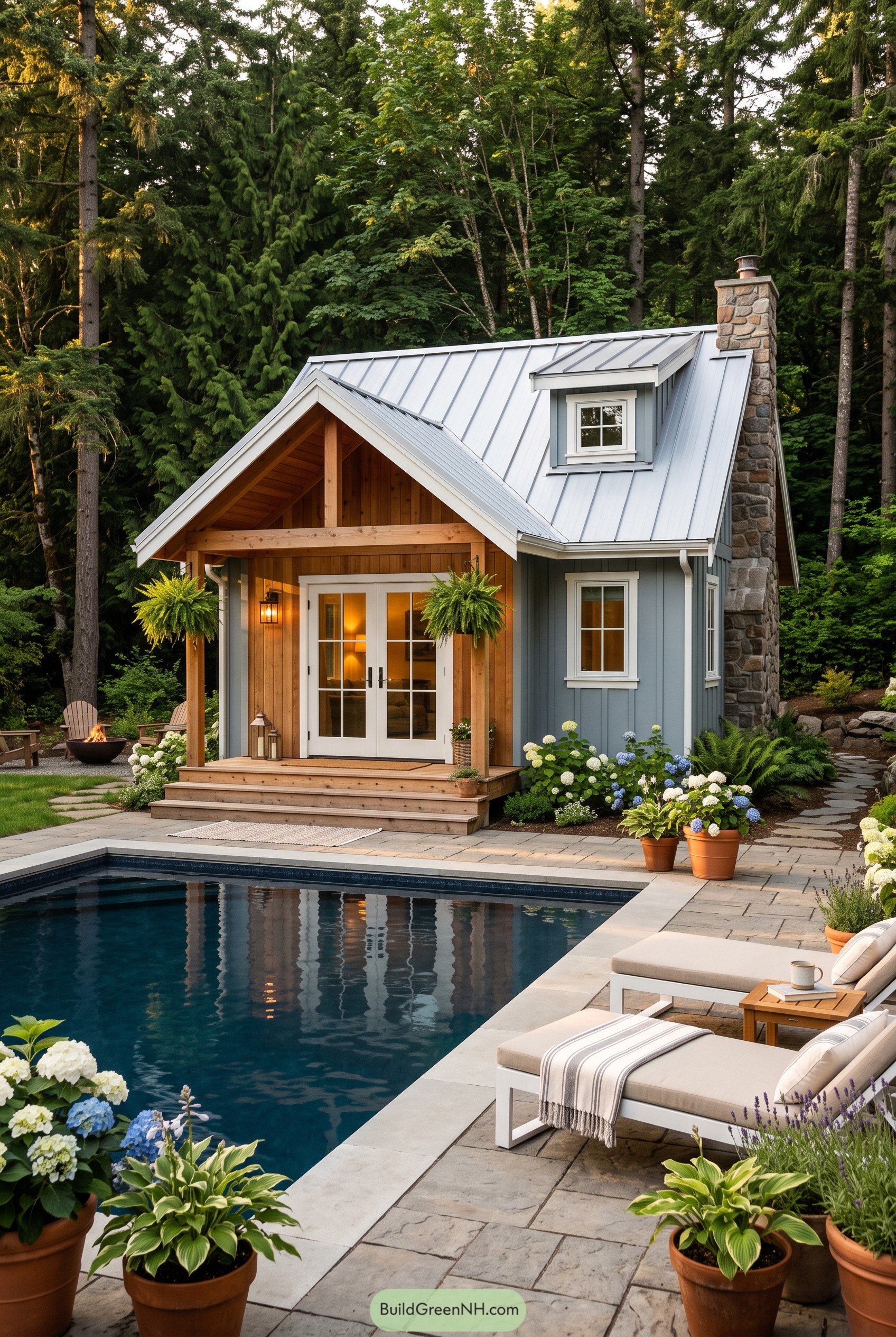 Gray cottage cabin with pool and stone chimney