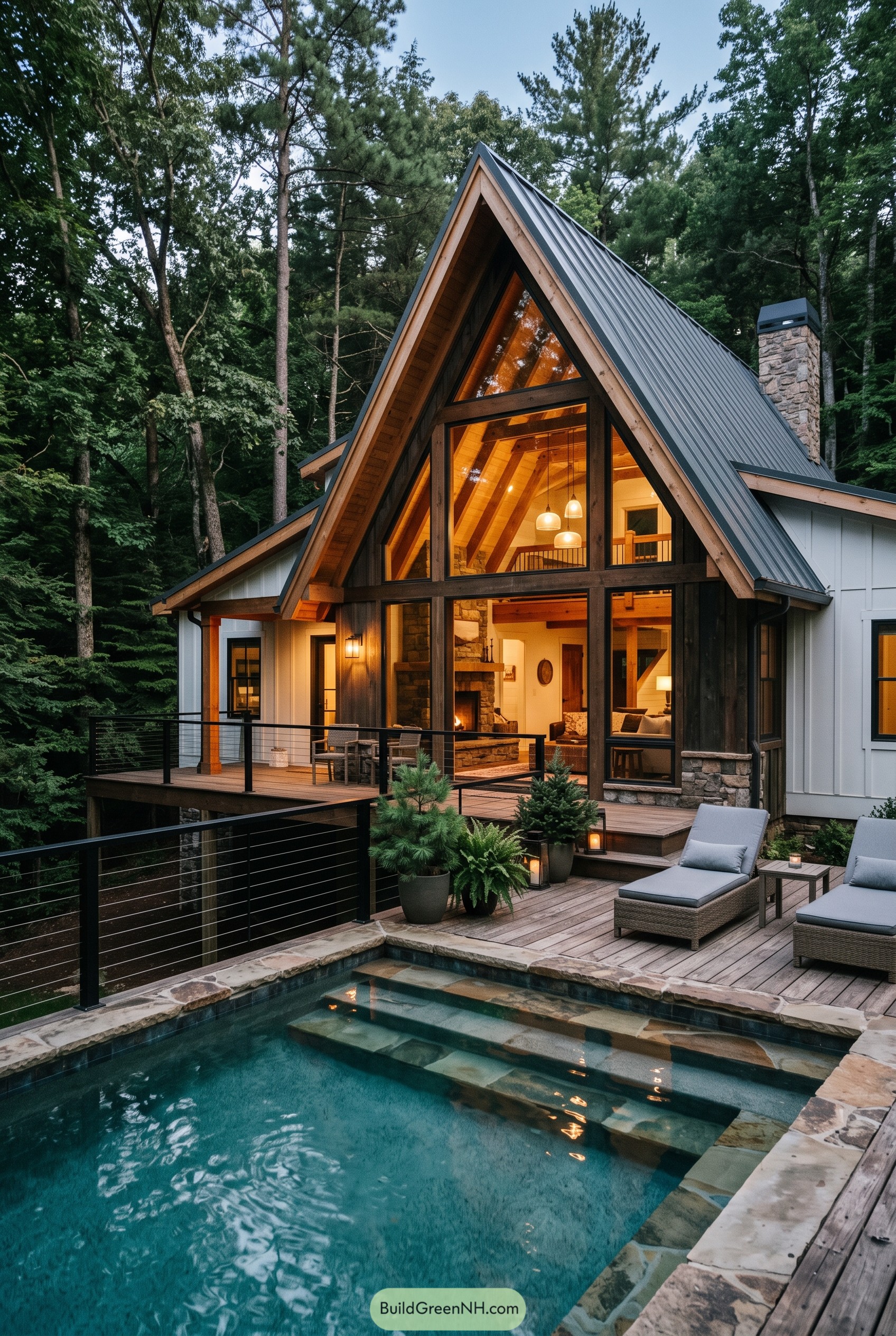 A-frame forest cabin with pool and deck