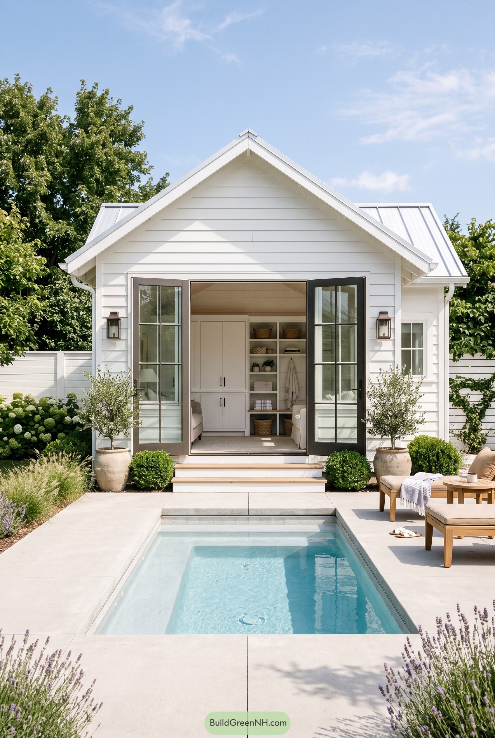 White gabled pool house with black doors