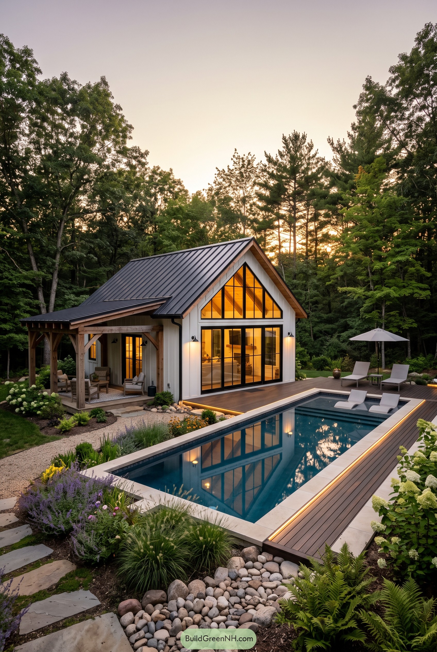 Modern pool cabin with glass gable in woods