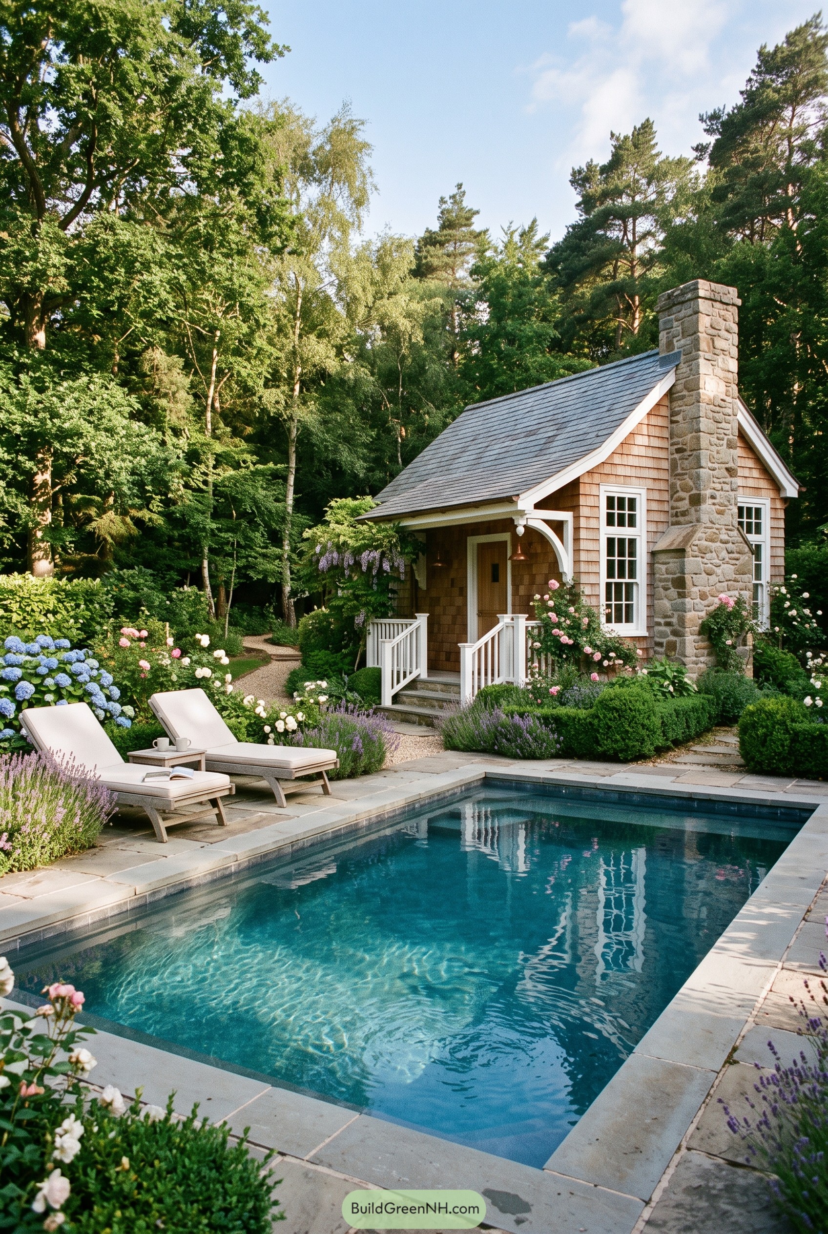 Cedar shingle cottage beside a garden pool