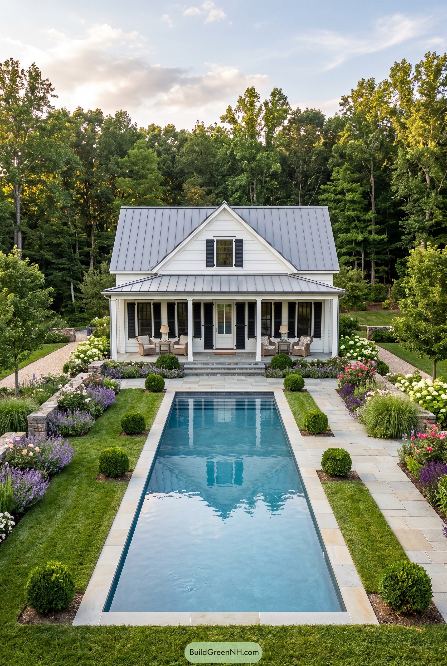 White farmhouse cabin with lap pool and gardens