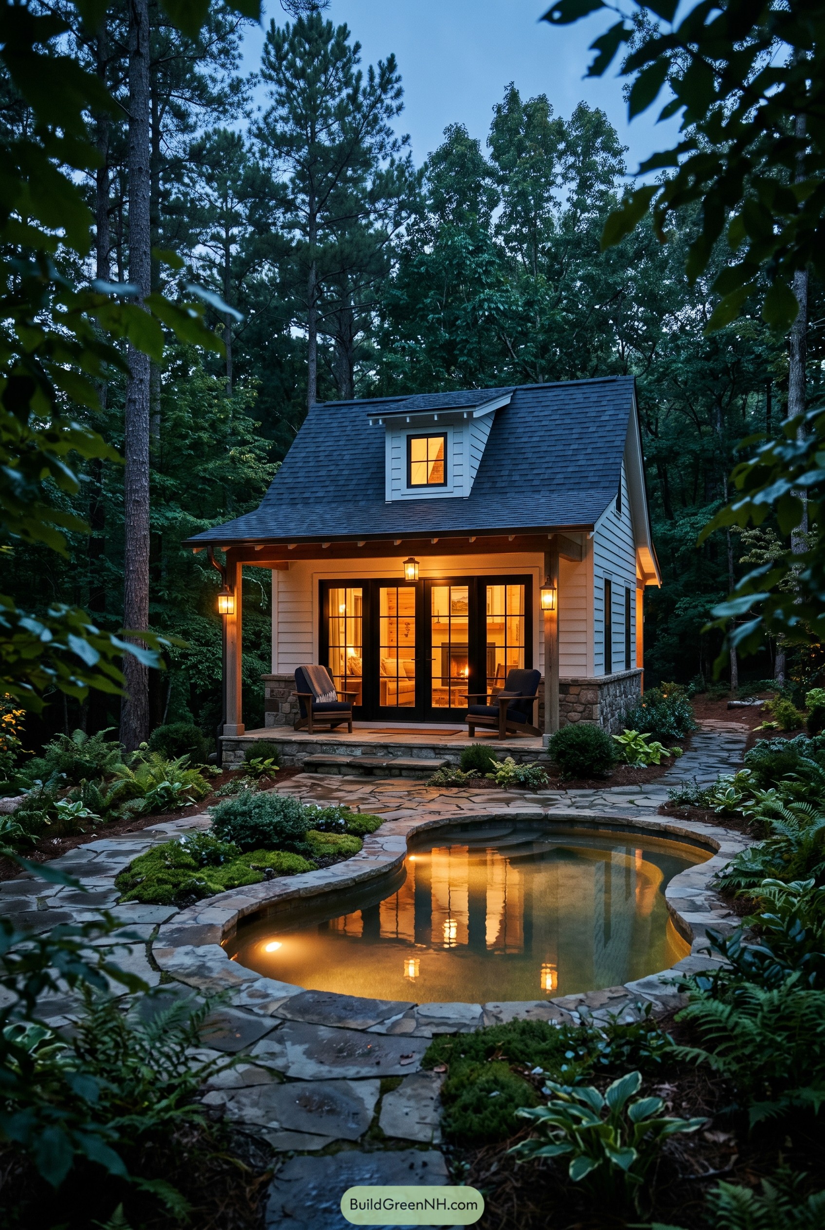 Small glowing cottage beside a forest pool