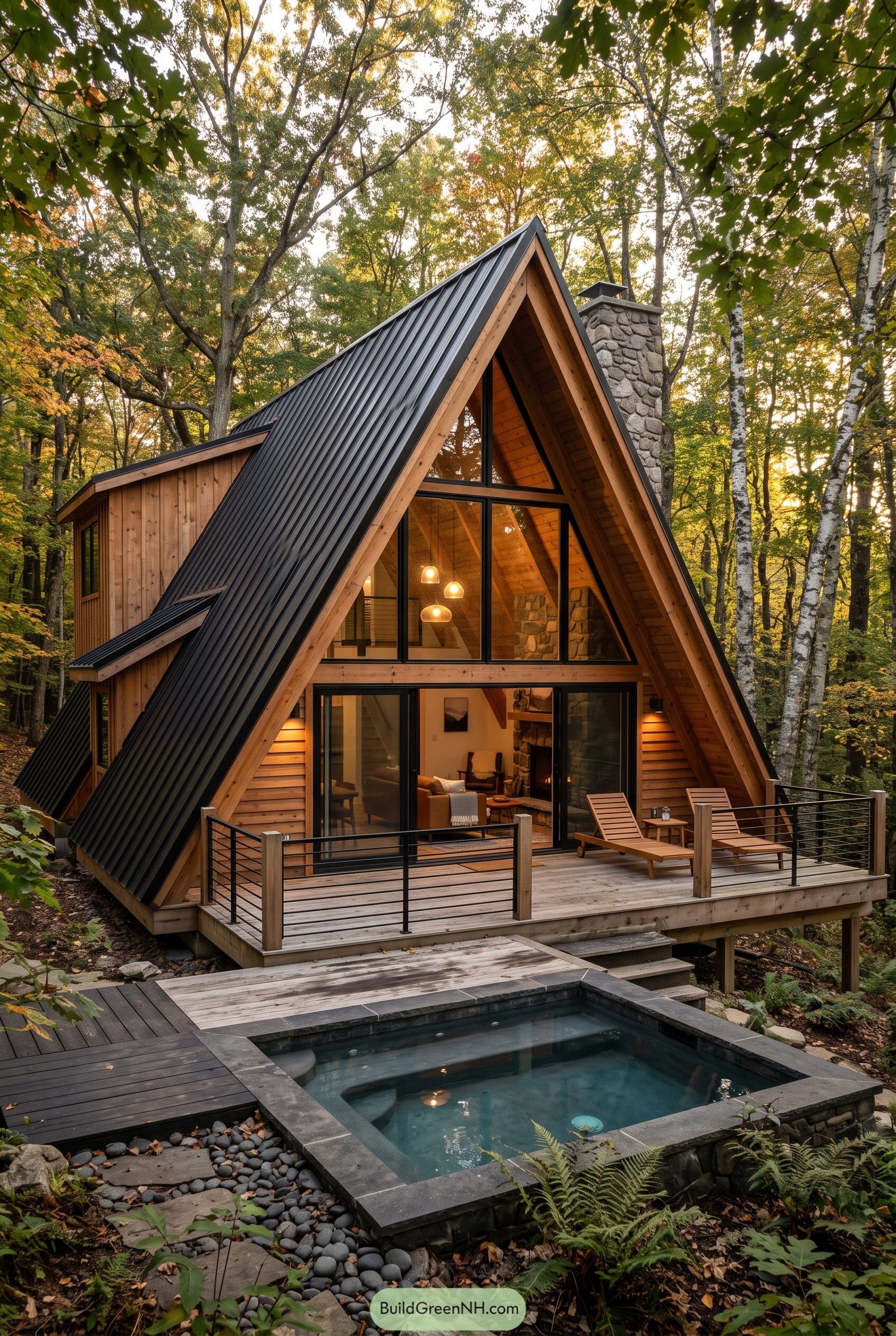 A-frame cabin with forest pool