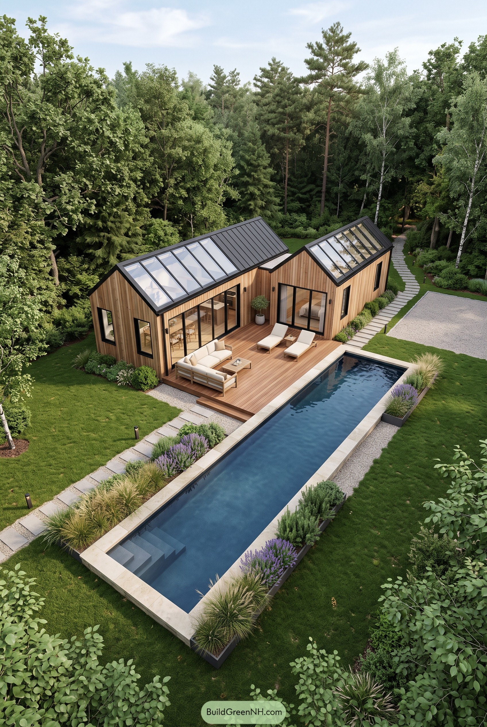 Twin wood cabin with glass roofs and lap pool