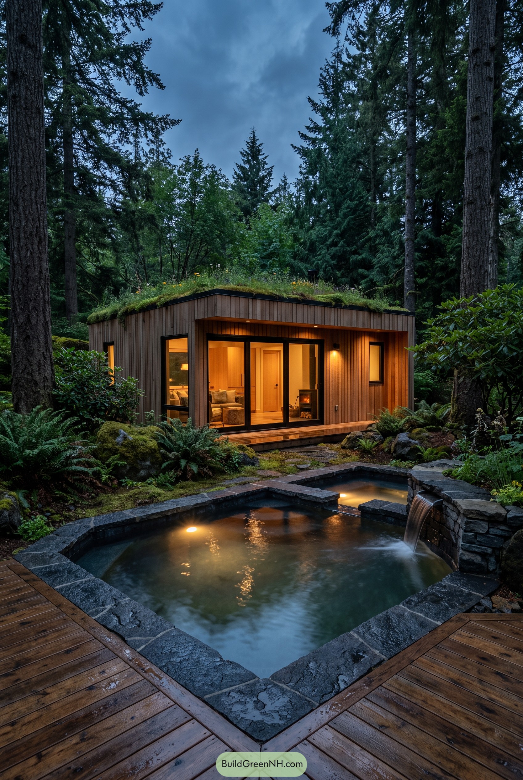 Forest cabin with green roof and stone plunge pool