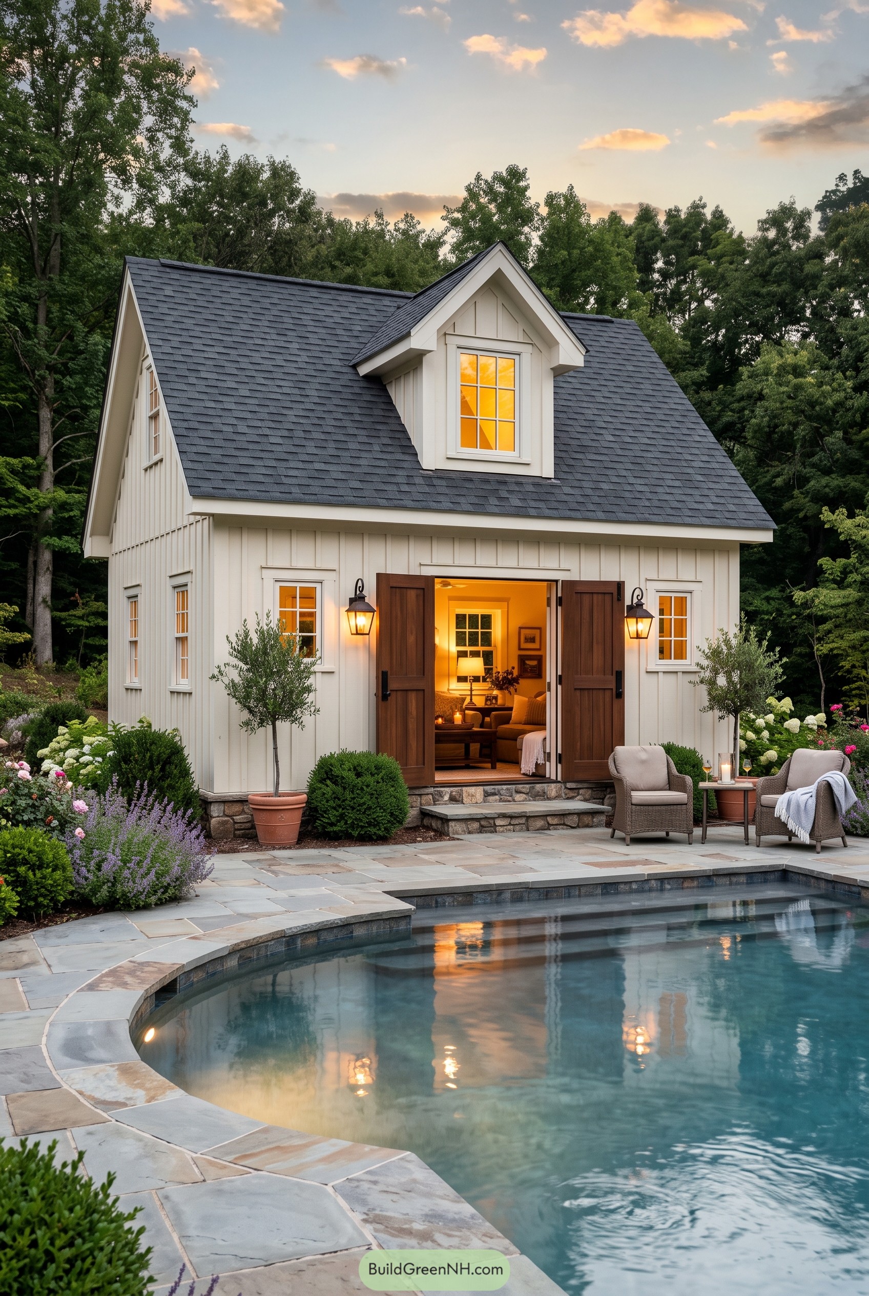 White pool cottage with slate roof