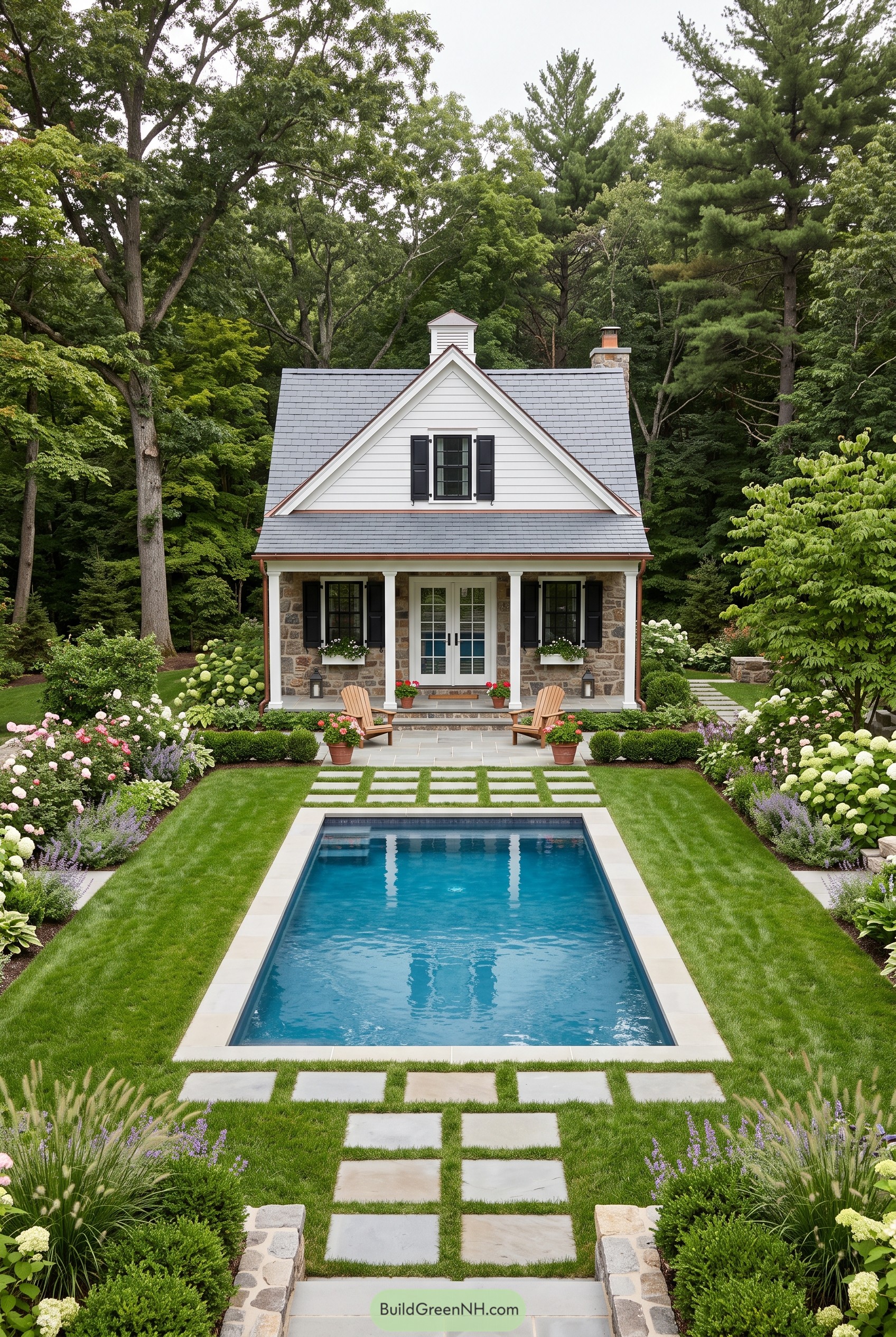 Stone cottage with garden pool and forest backdrop