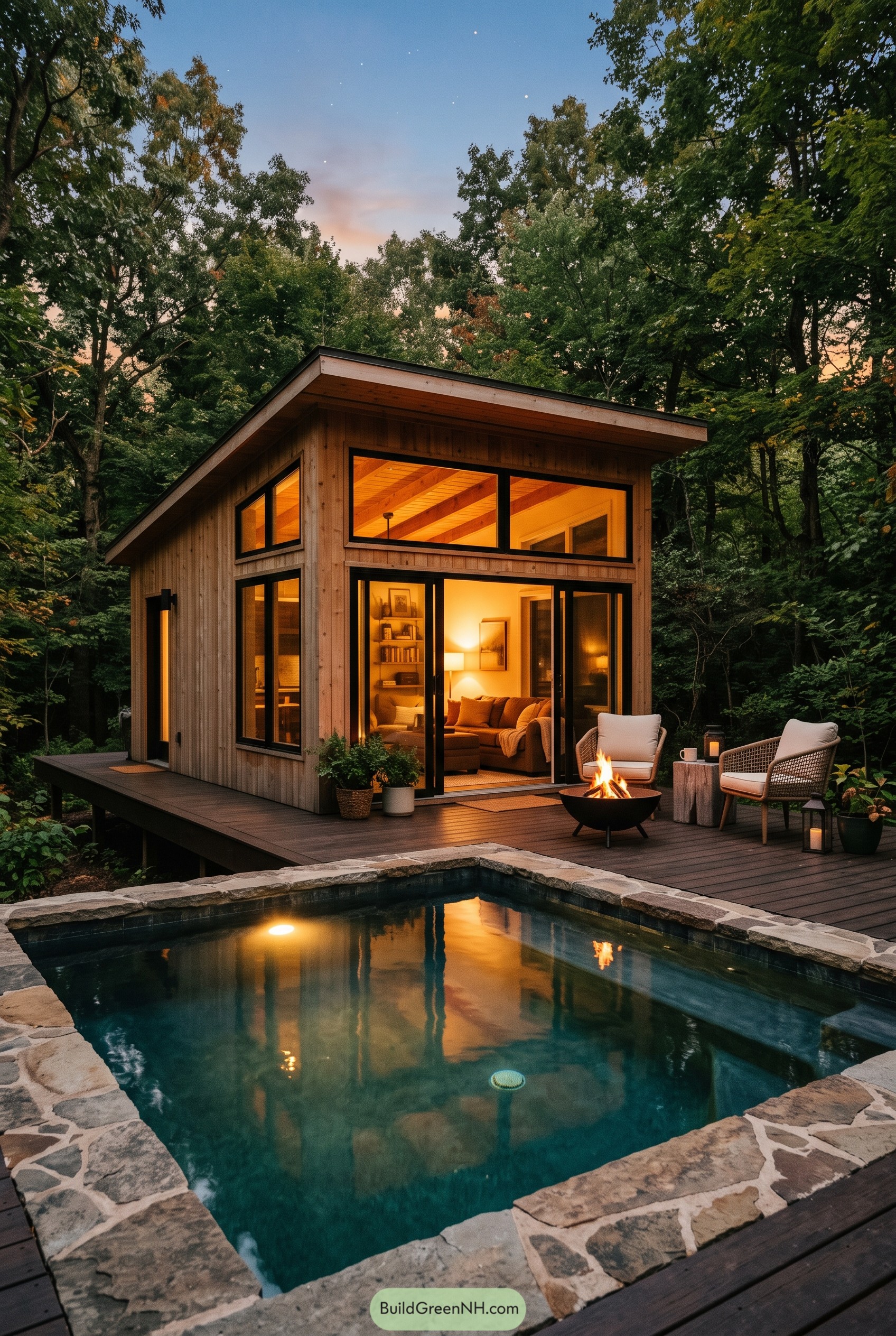 Modern cedar cabin with pool and fire pit