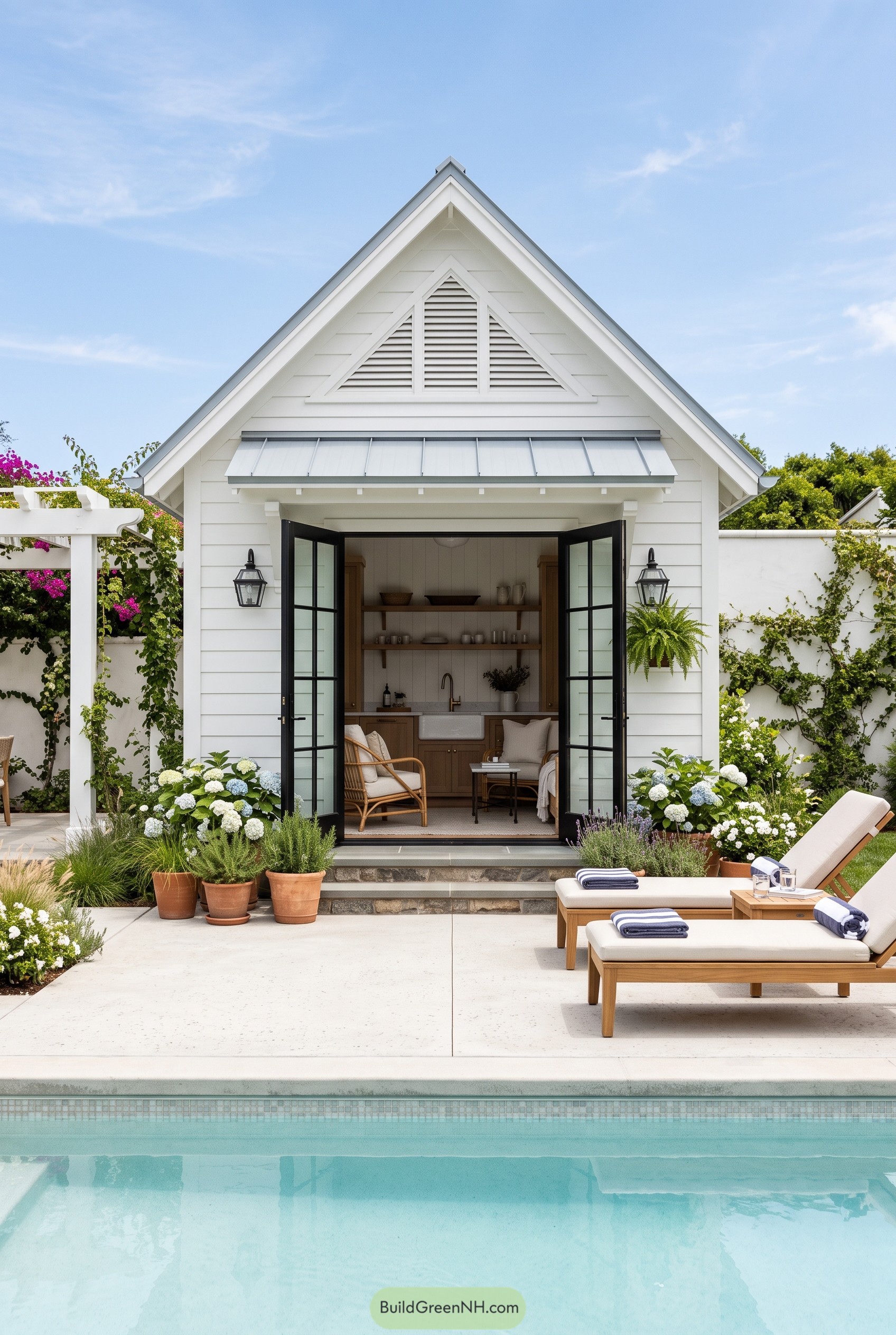 White gabled pool cabana beside a pool