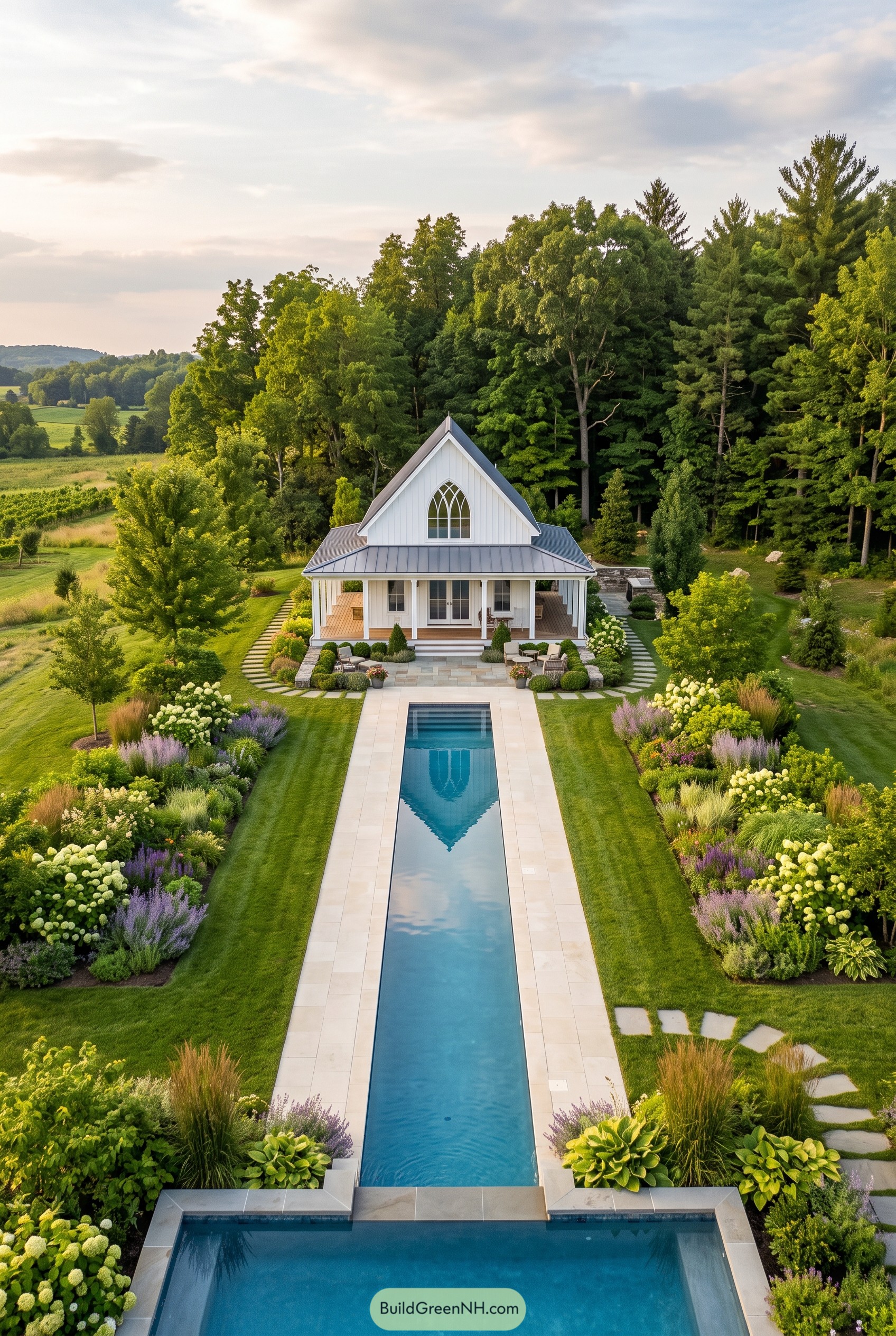 White gabled pool cabin with long garden lap pool