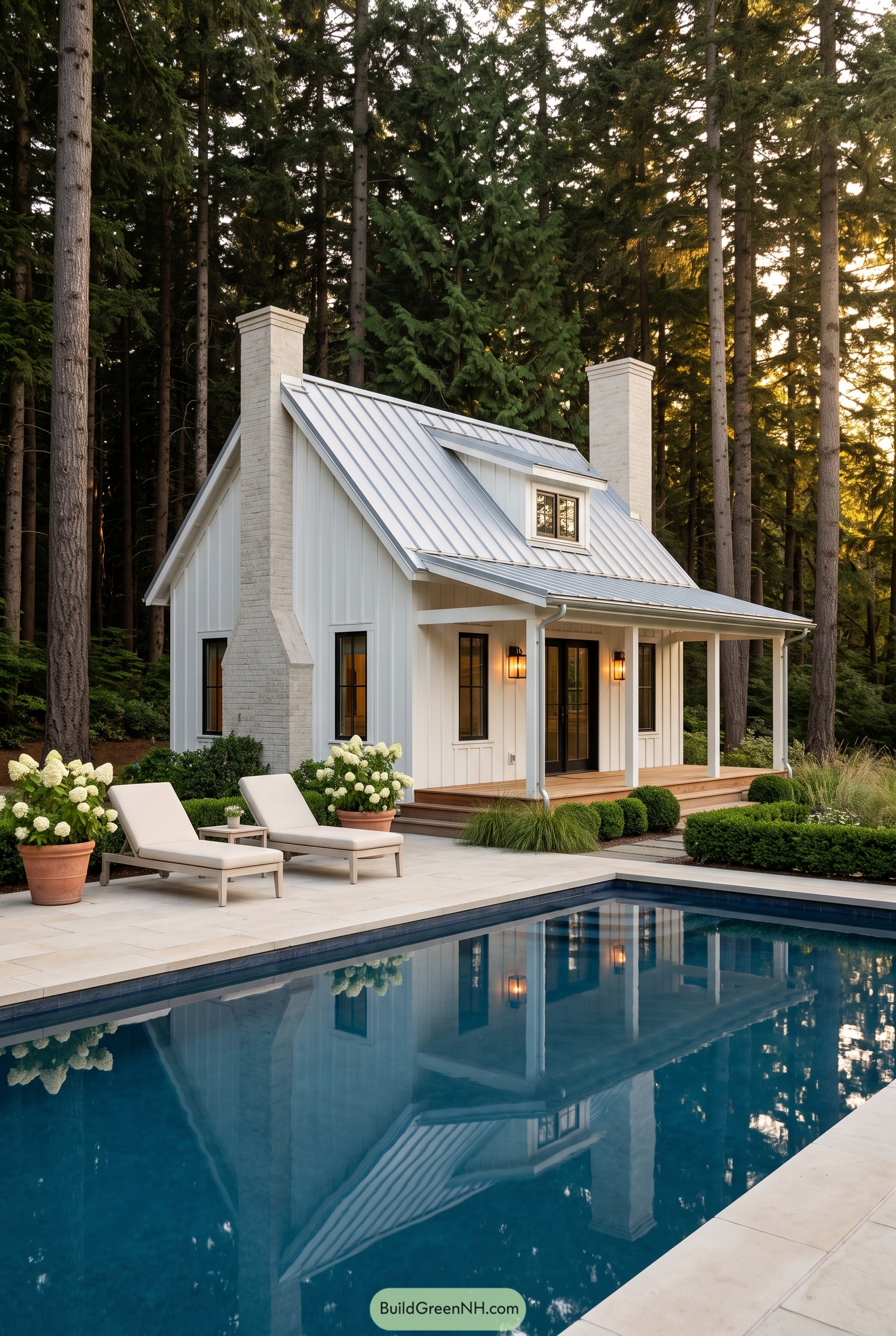 White cabin with metal roof beside a forest pool