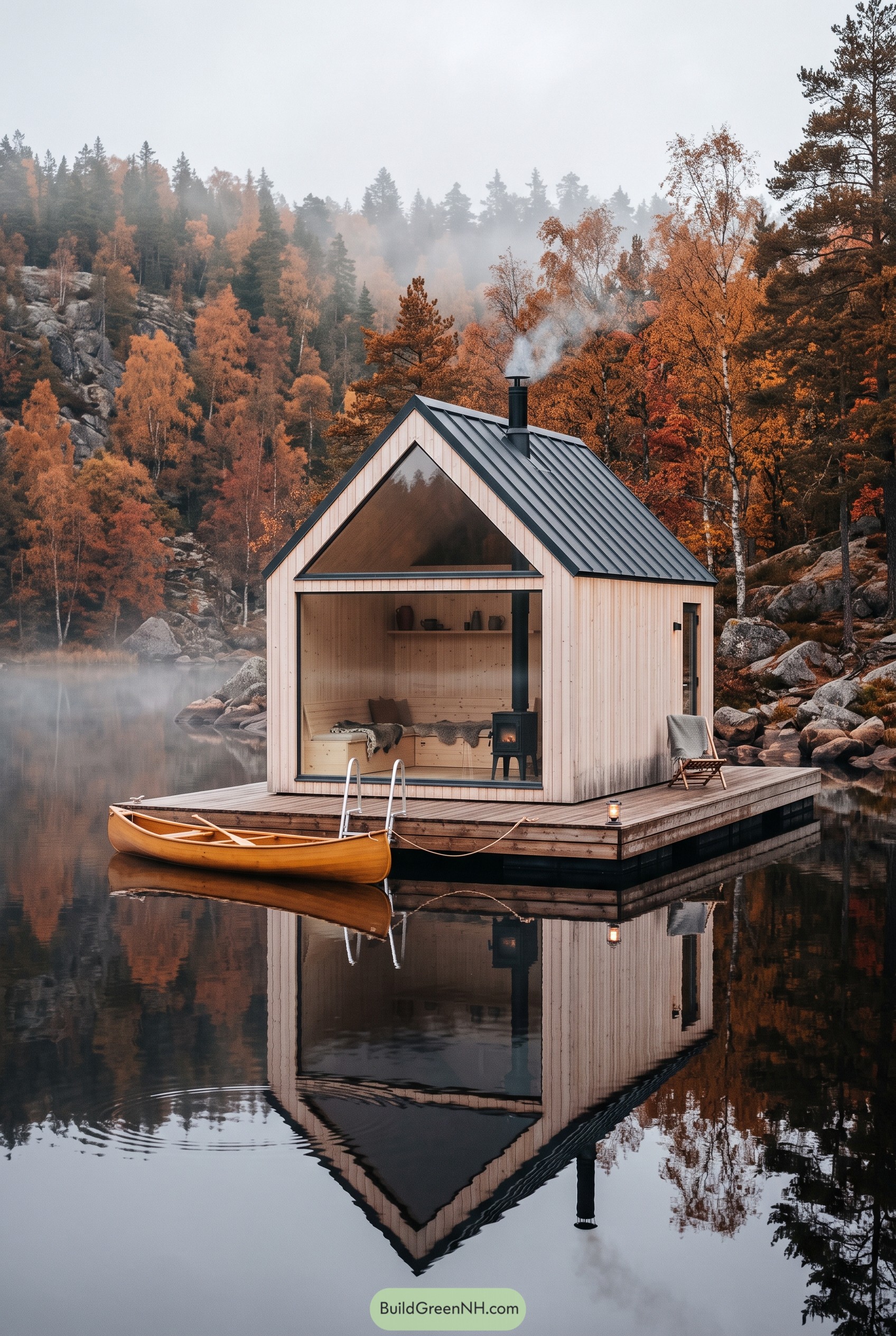 Floating cedar cabin with black gable roof