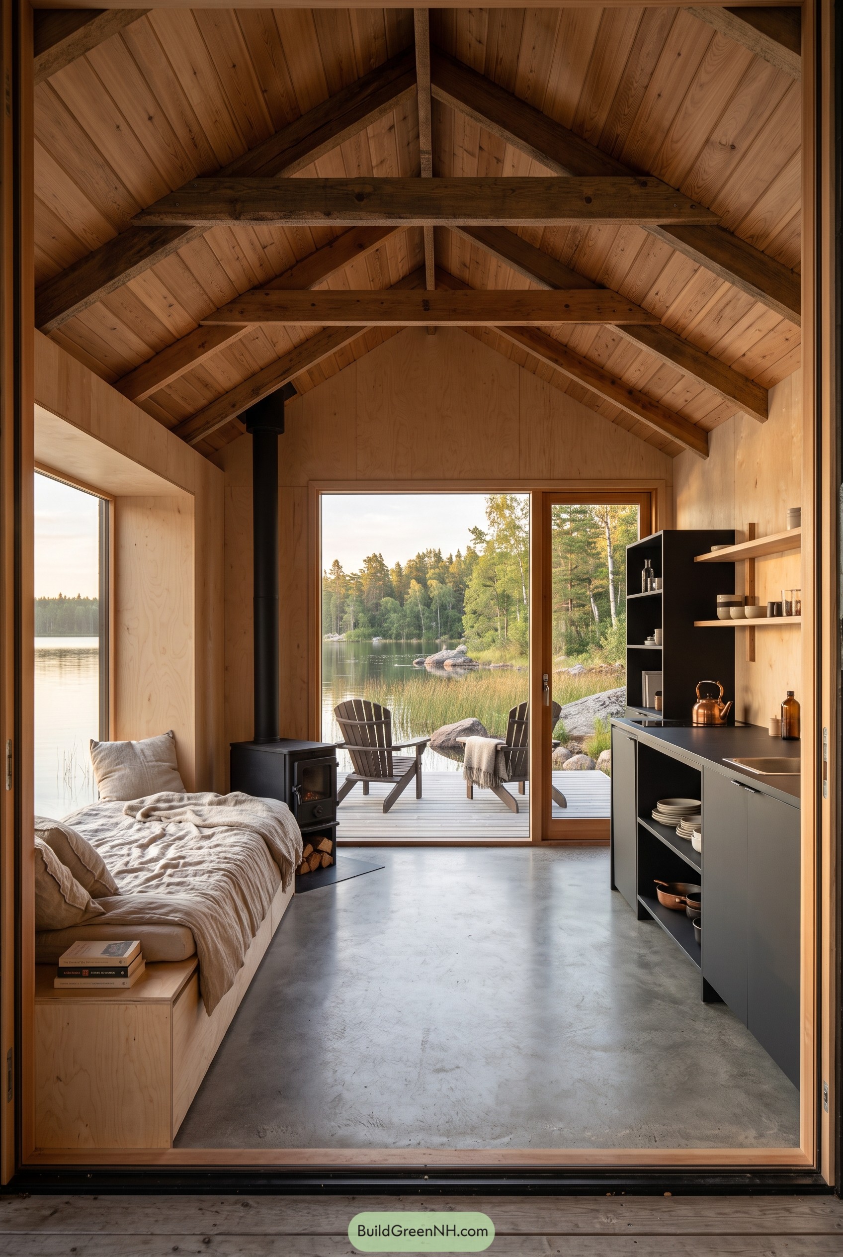 Vaulted wood cabin interior facing the lake