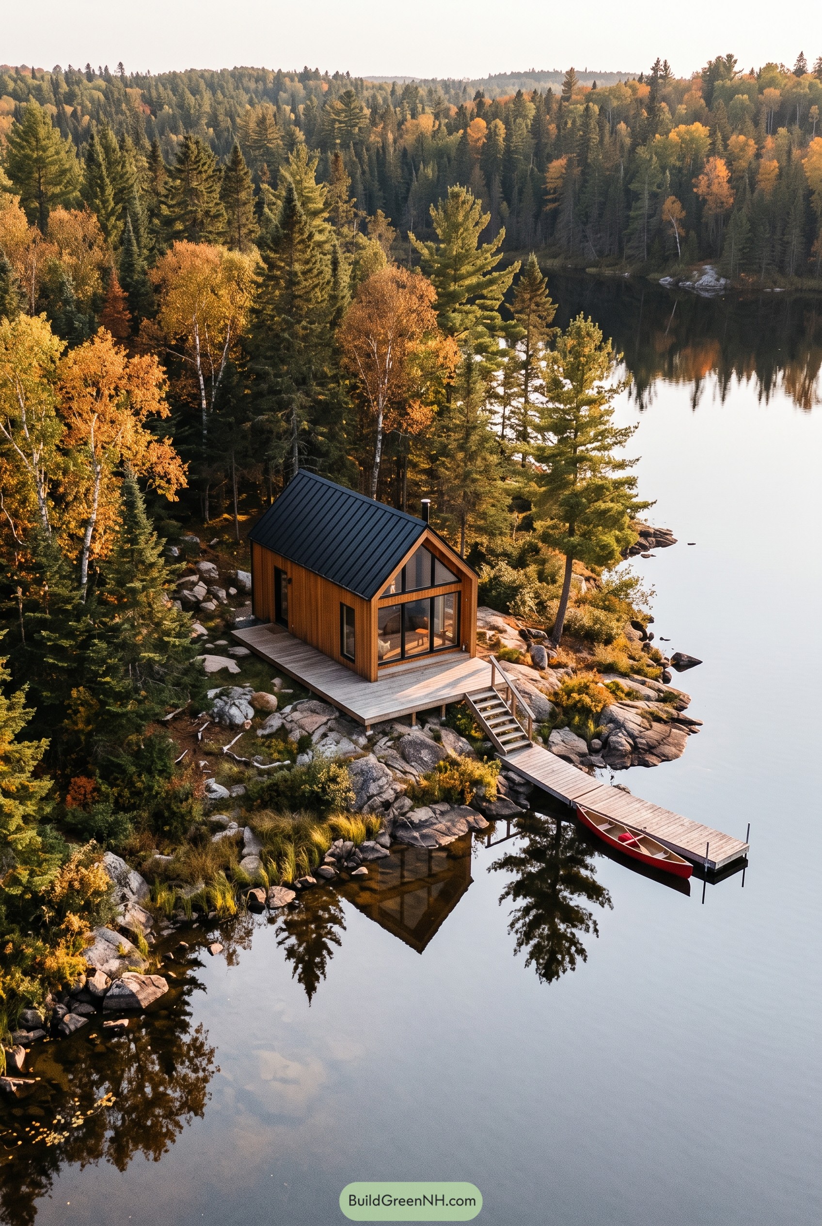 Wood cabin on rocky lakeshore with dock