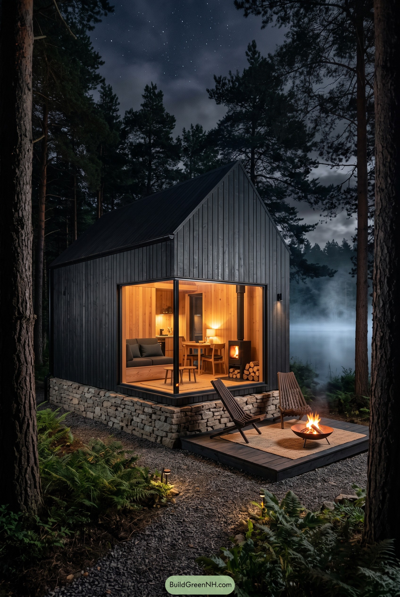 Dark gabled lake cabin with warm glass corner