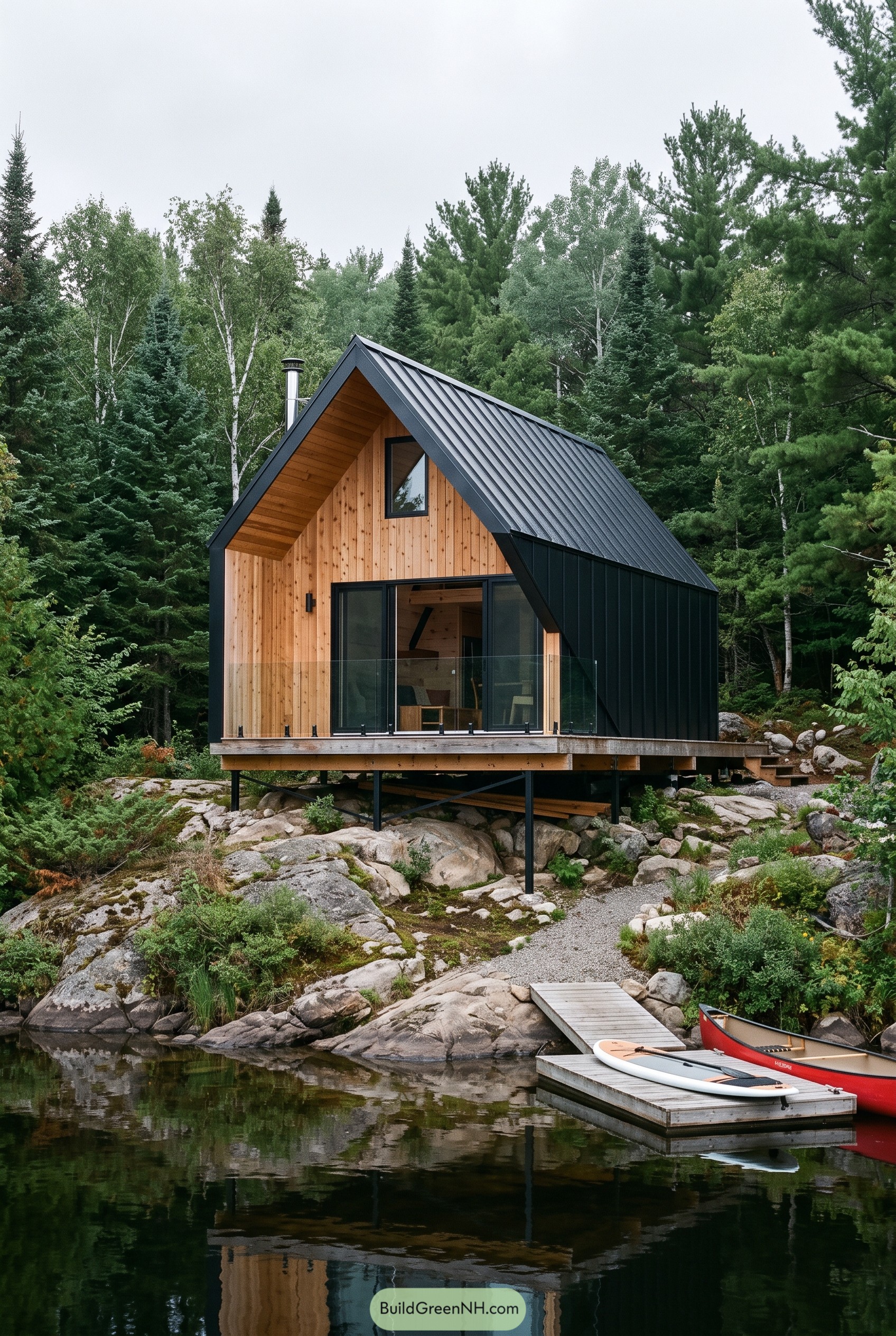 Small timber cabin with black metal roof beside a lake