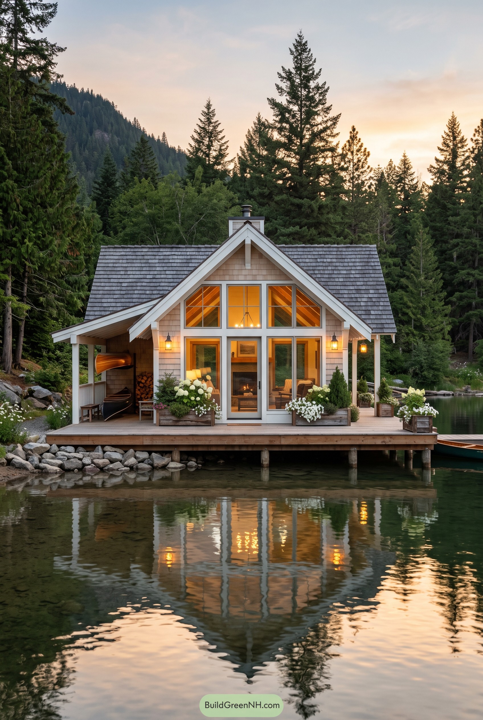 Gabled lakeside cabin with porch and canoe