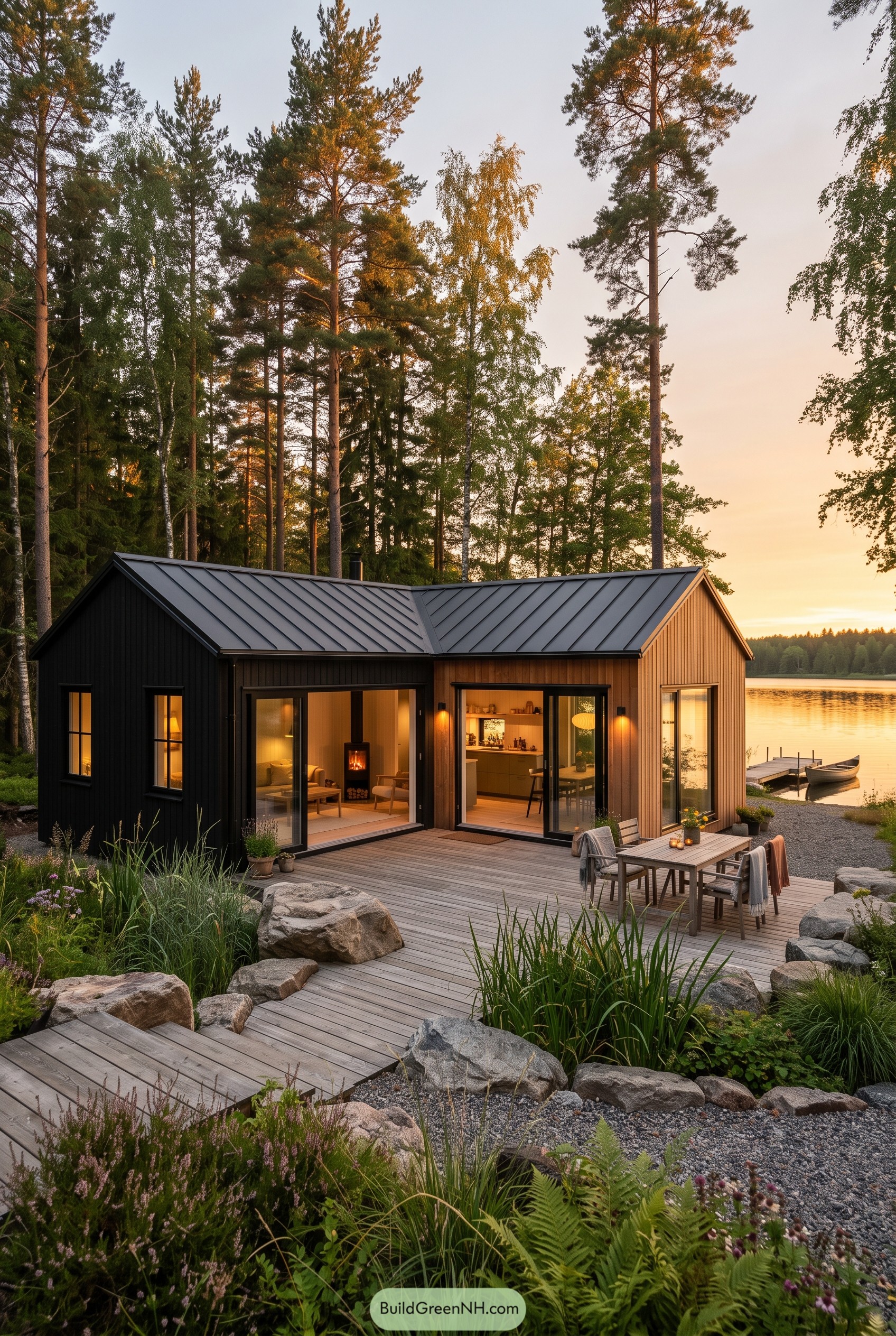 Modern two tone lake cabin with deck