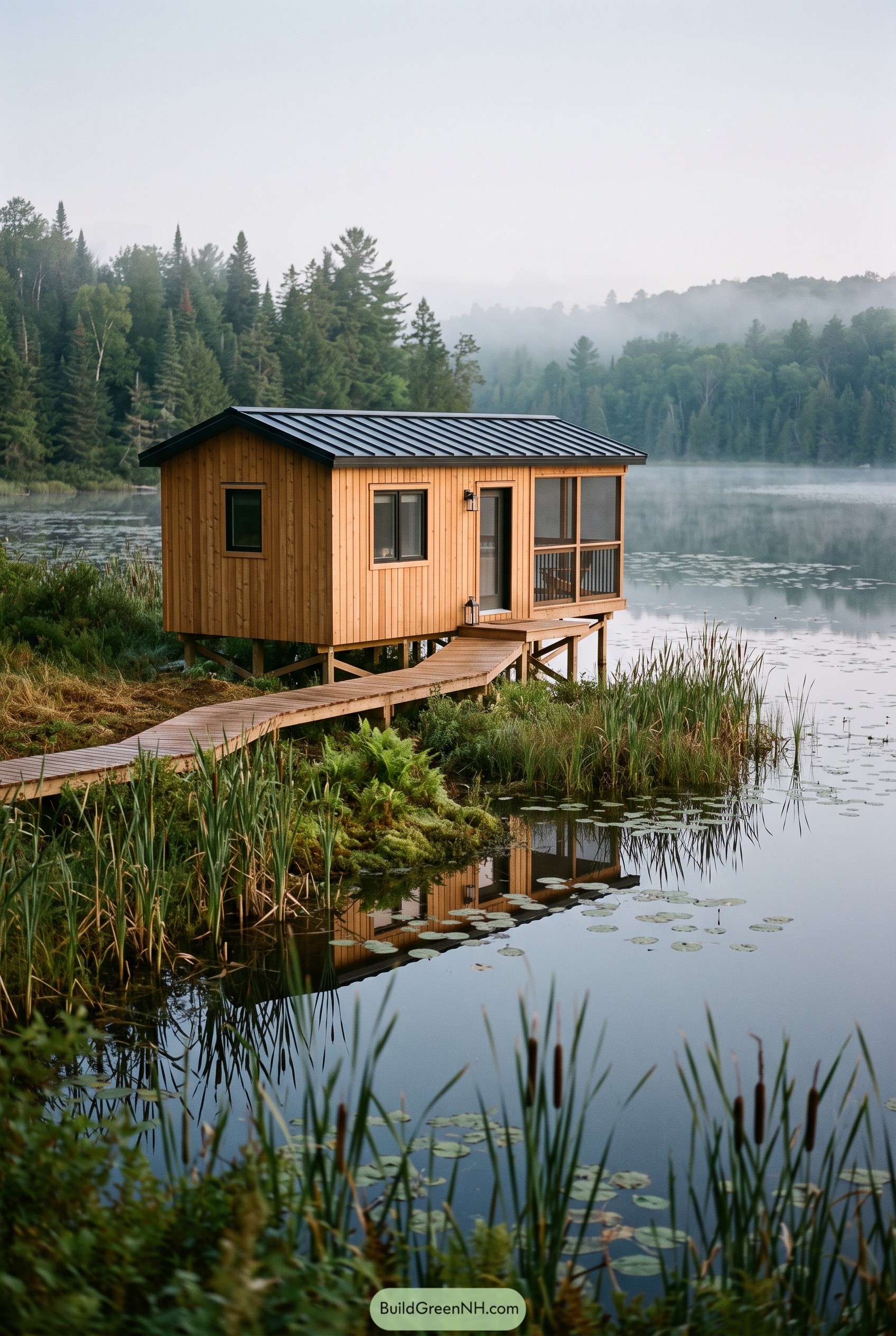 Small stilt cabin beside a misty lake