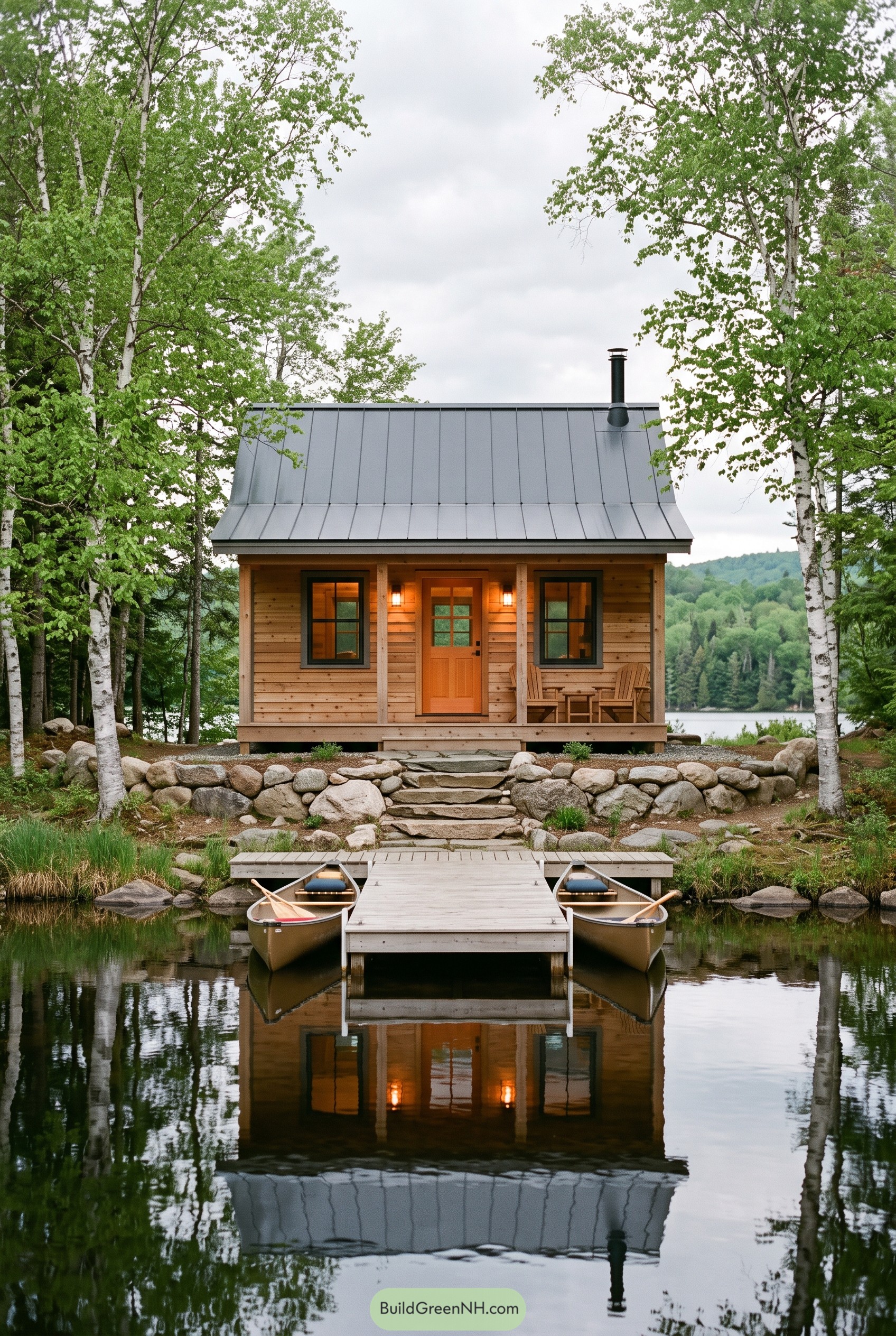 Lakeside wooden cabin with dock and canoes