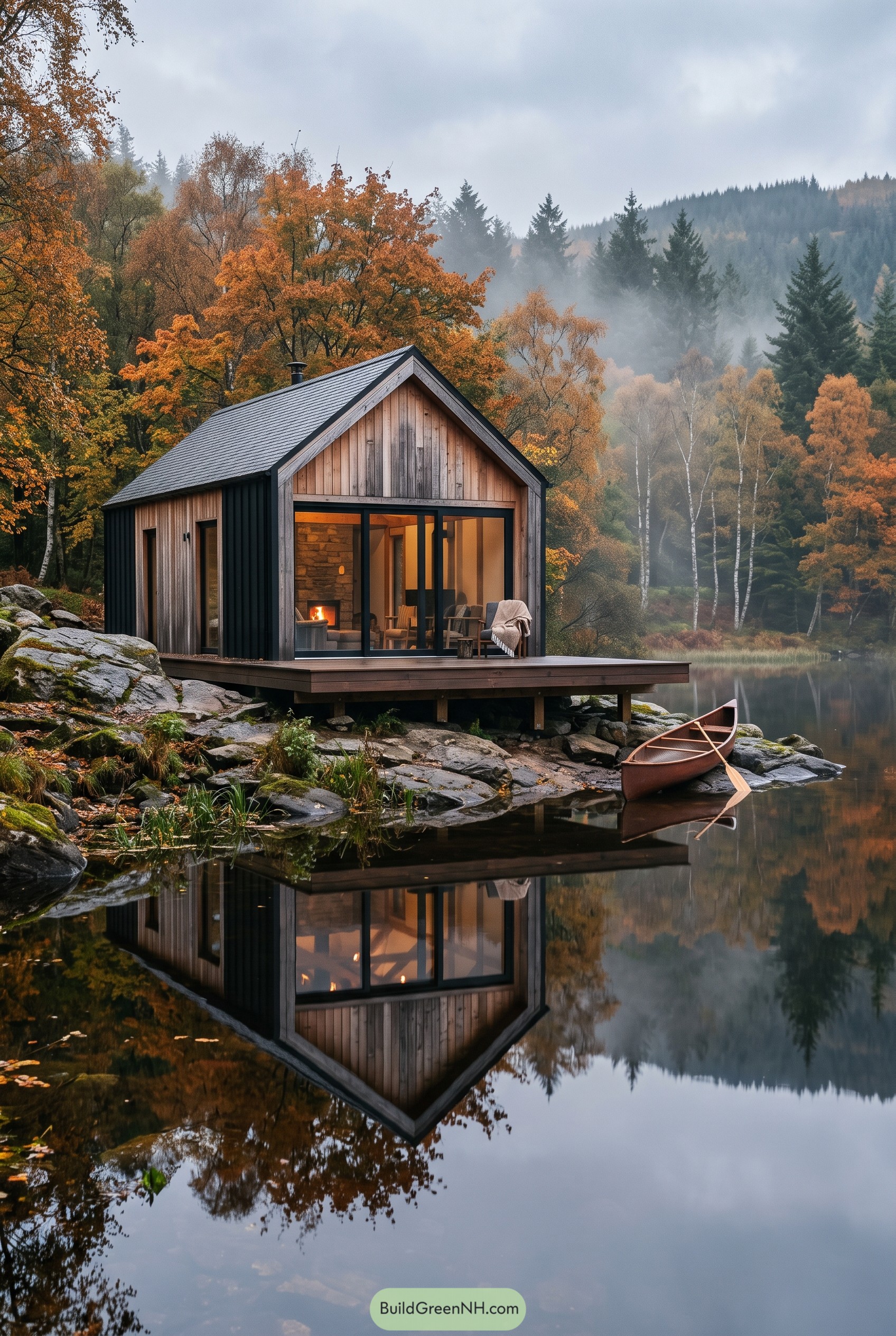 Timber lake cabin with glass front in autumn