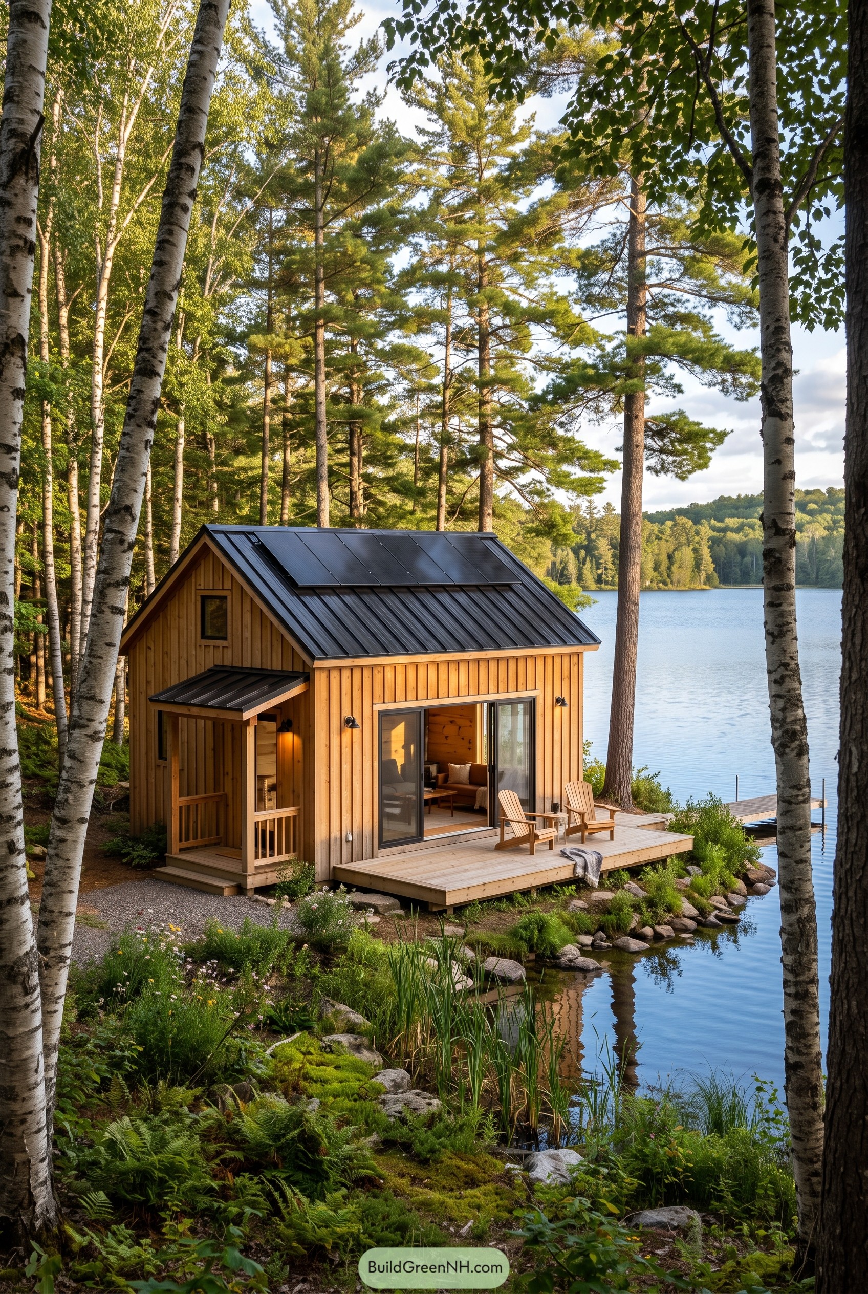Small solar cabin beside a wooded lake