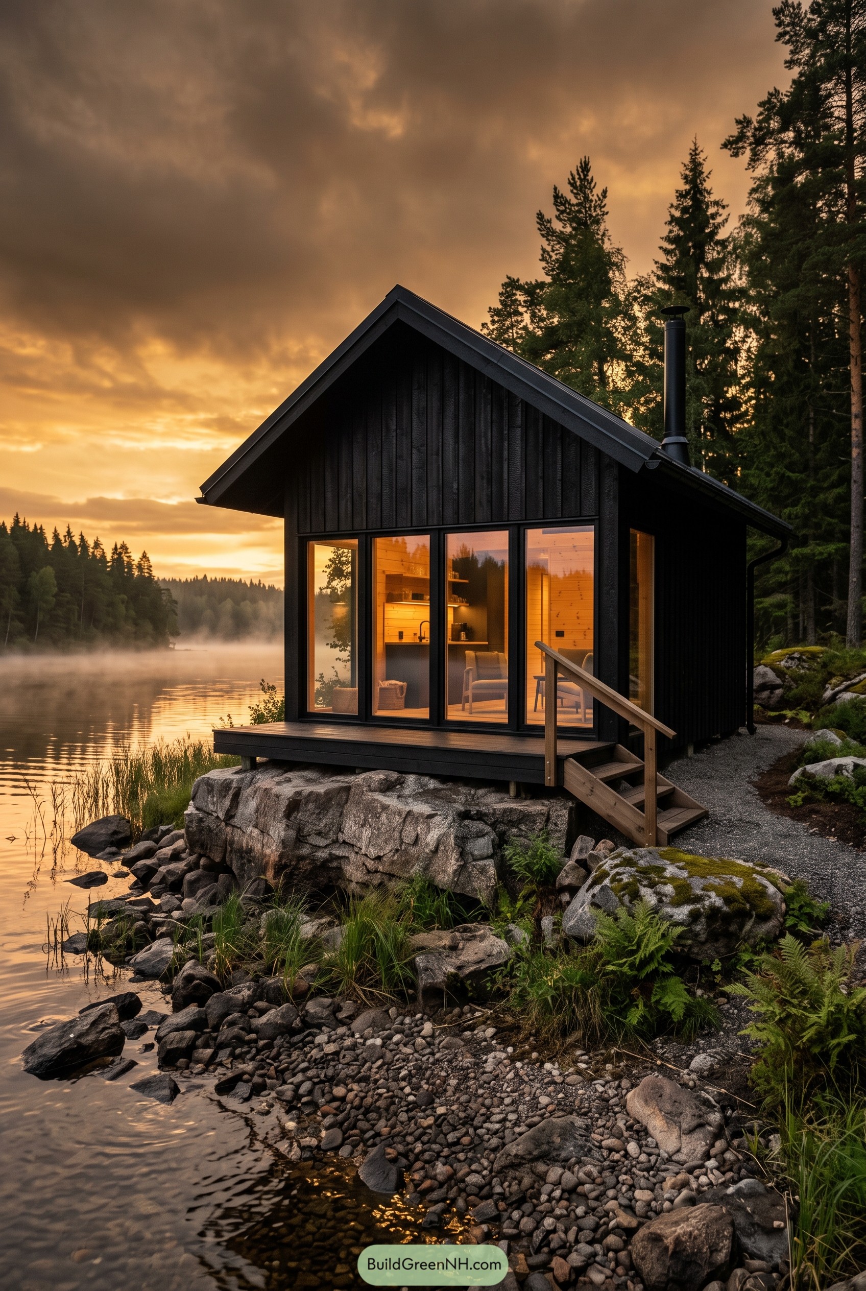Black gabled cabin on a rocky lakeshore