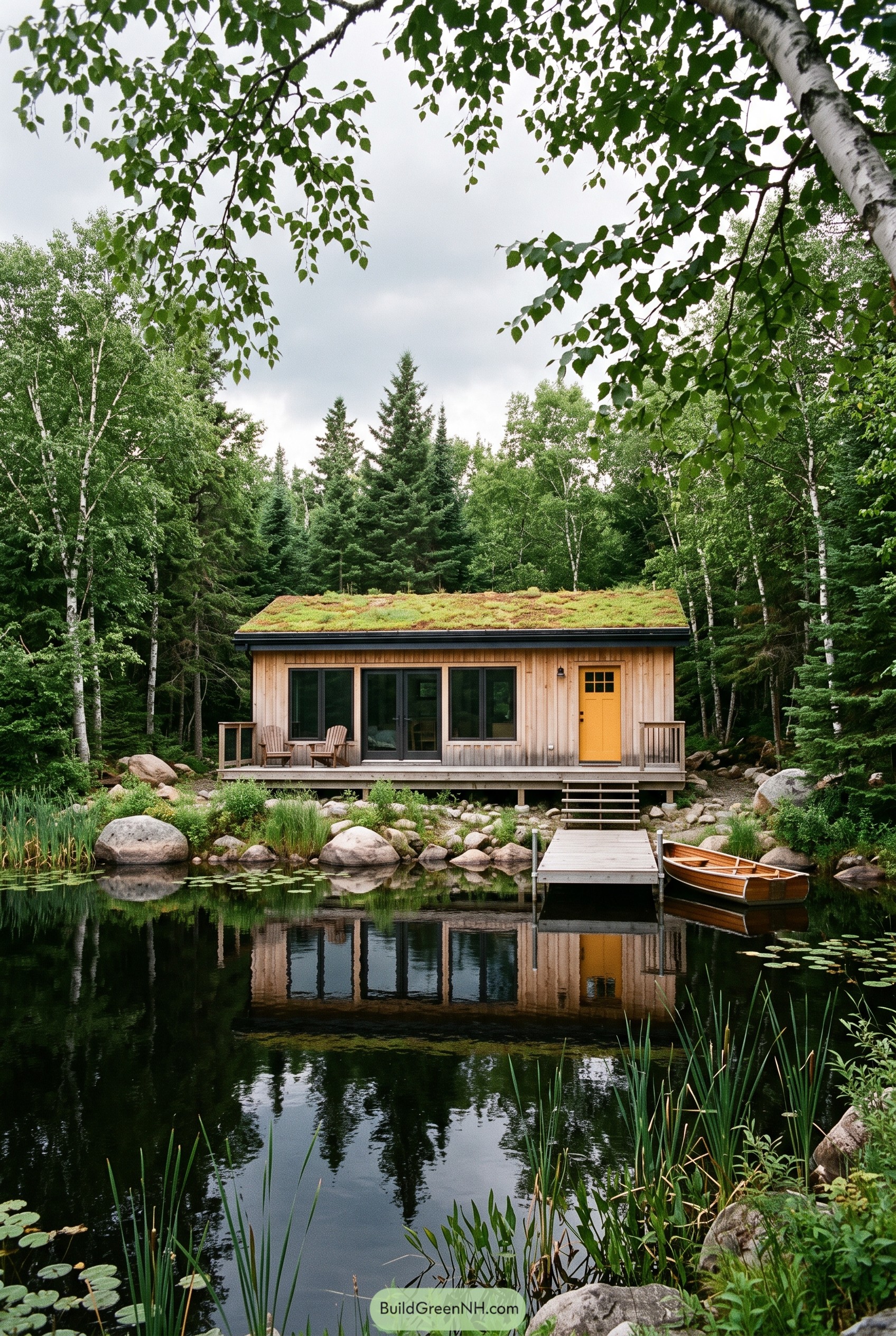 Lakeside cabin with living roof and yellow door