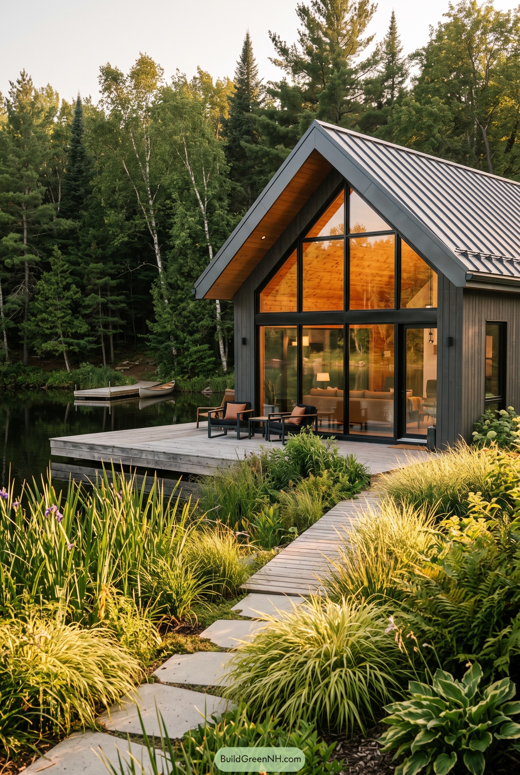 Modern gabled lake cabin with glass front