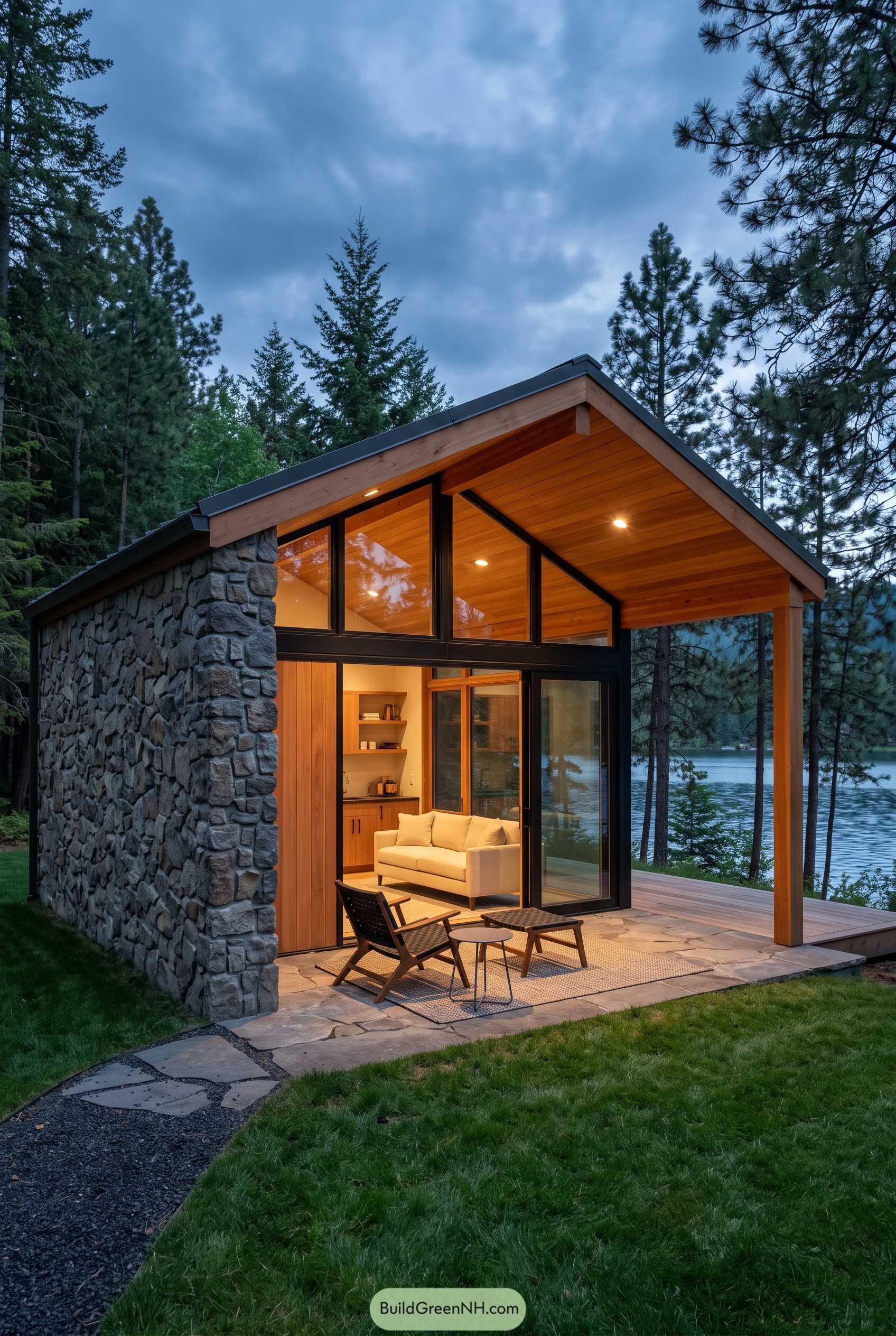 Stone and timber cabin beside a lake