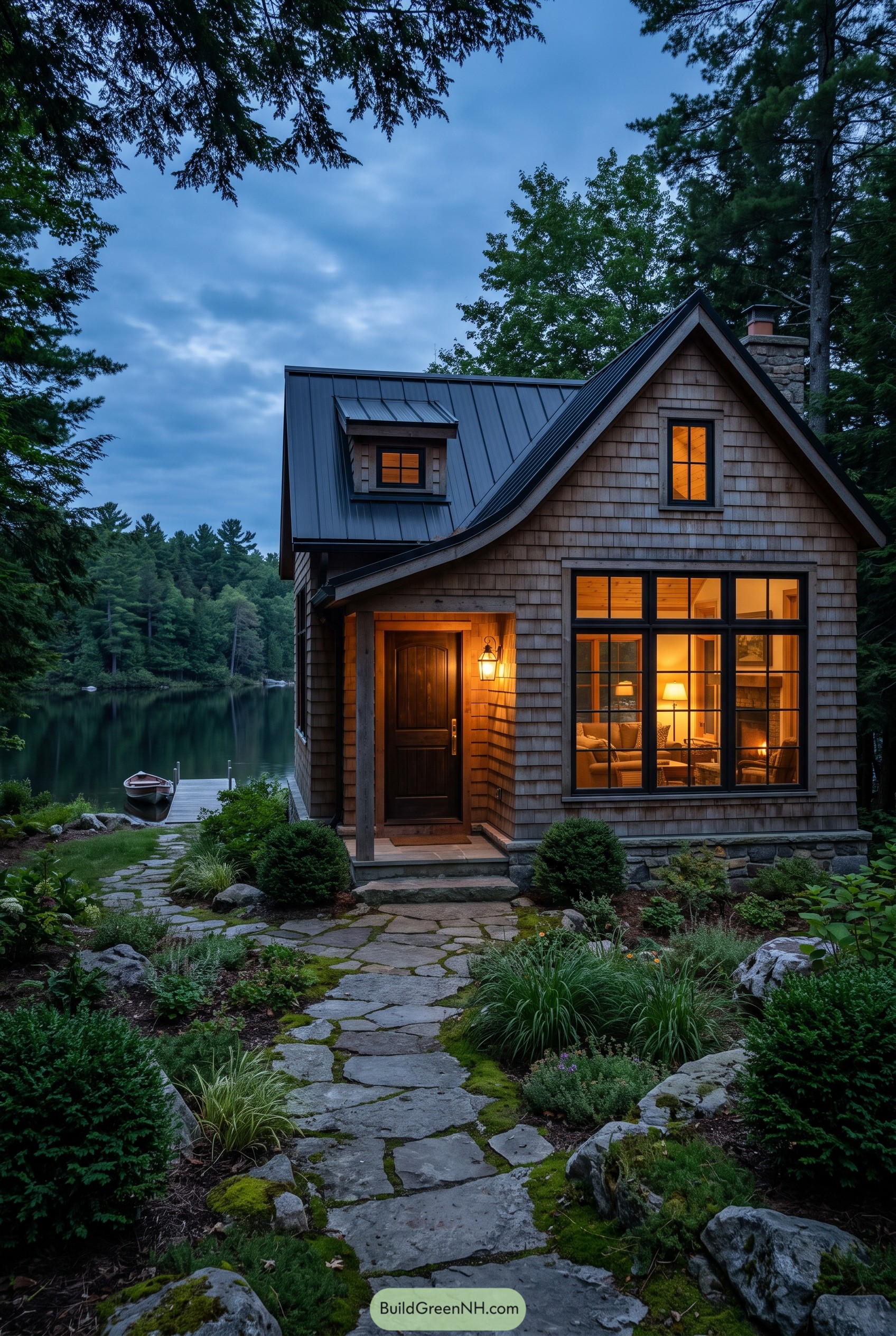 Shingle lake cottage with dock at dusk