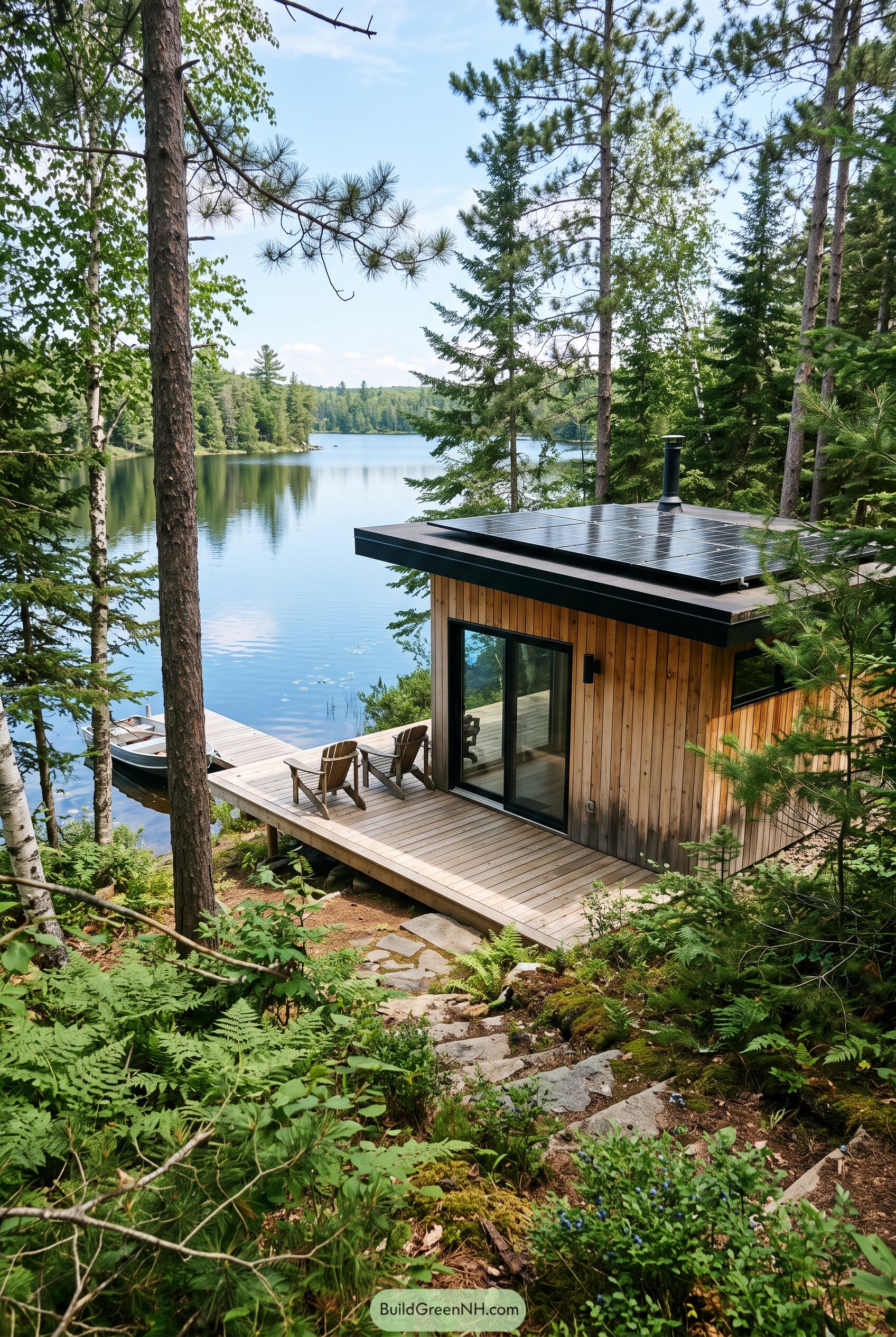 Compact solar cabin overlooking a wooded lake