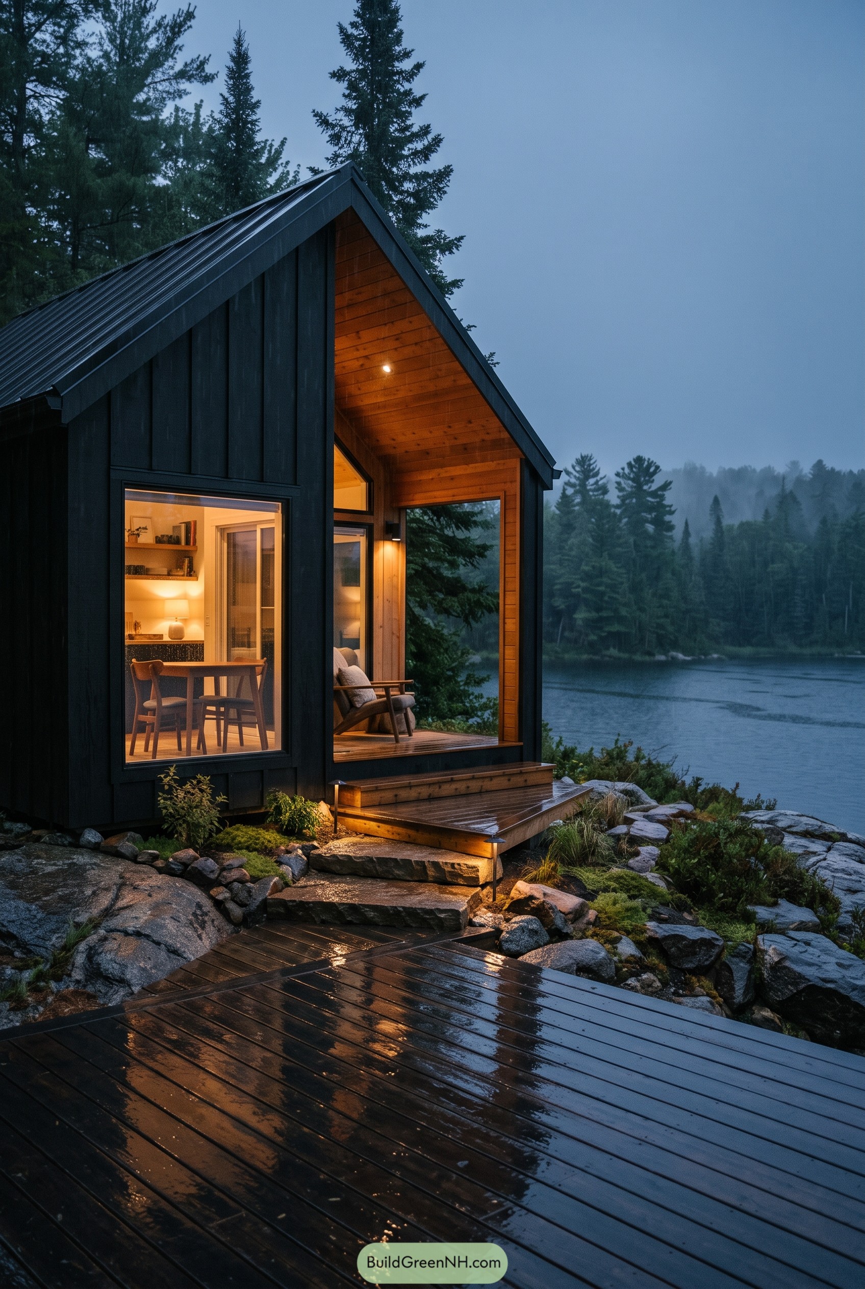 Modern gabled cabin overlooking a rainy lake