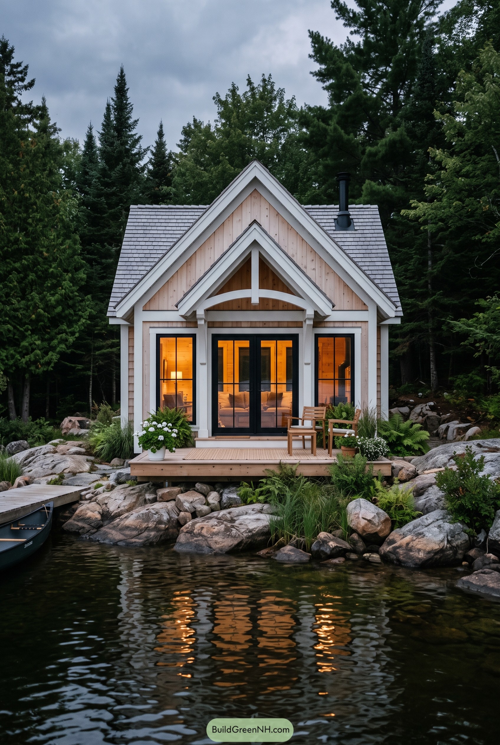 Small gabled lake cabin by rocky shore