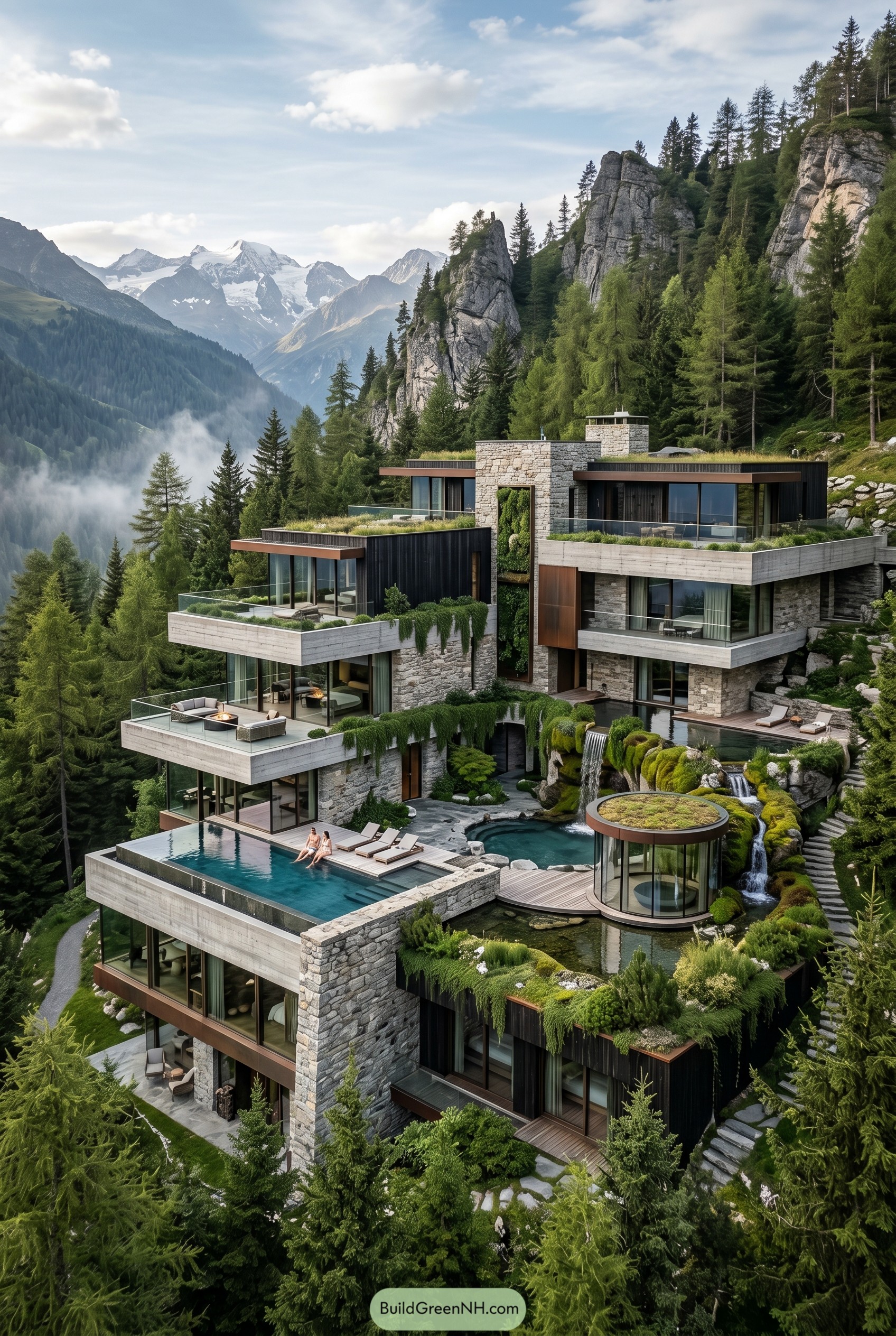 Multi level alpine villa with green roofs and pool