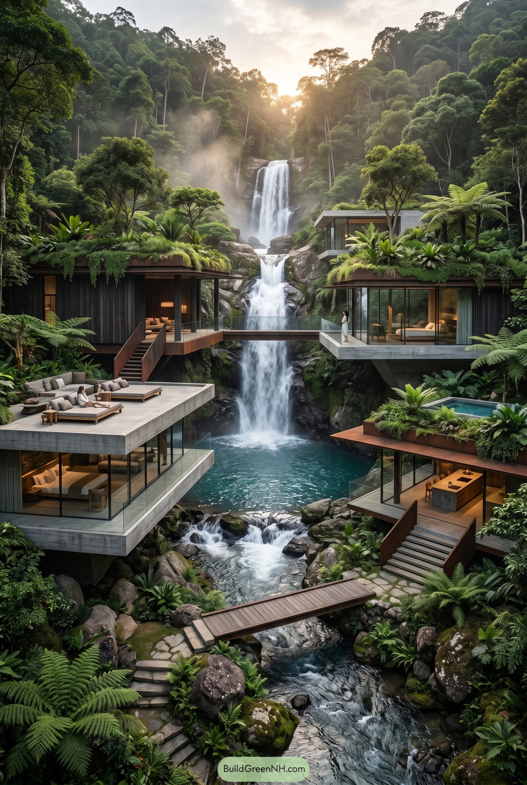 Modern jungle villas around a waterfall