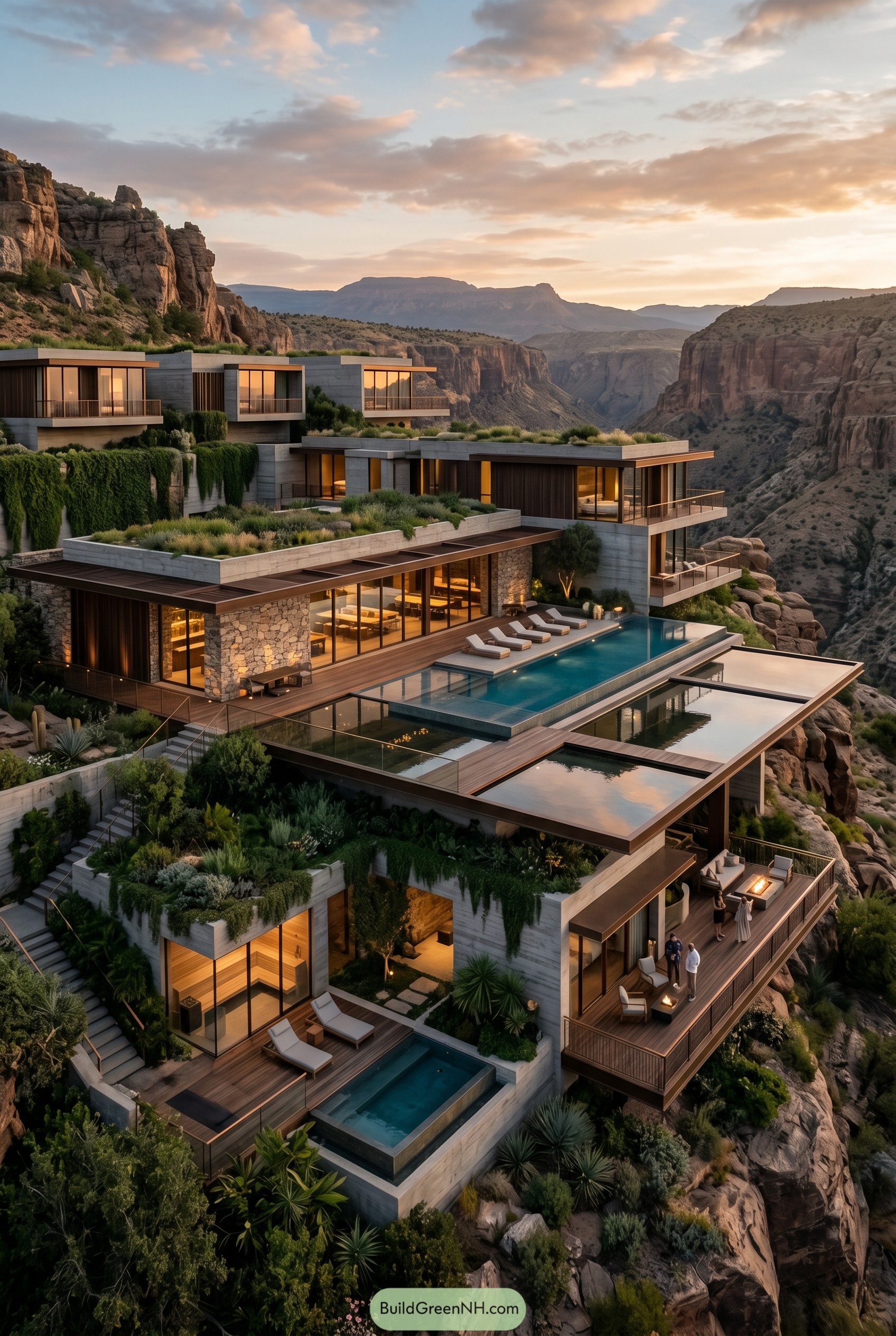 Terraced cliffside villa with rooftop gardens and infinity pools