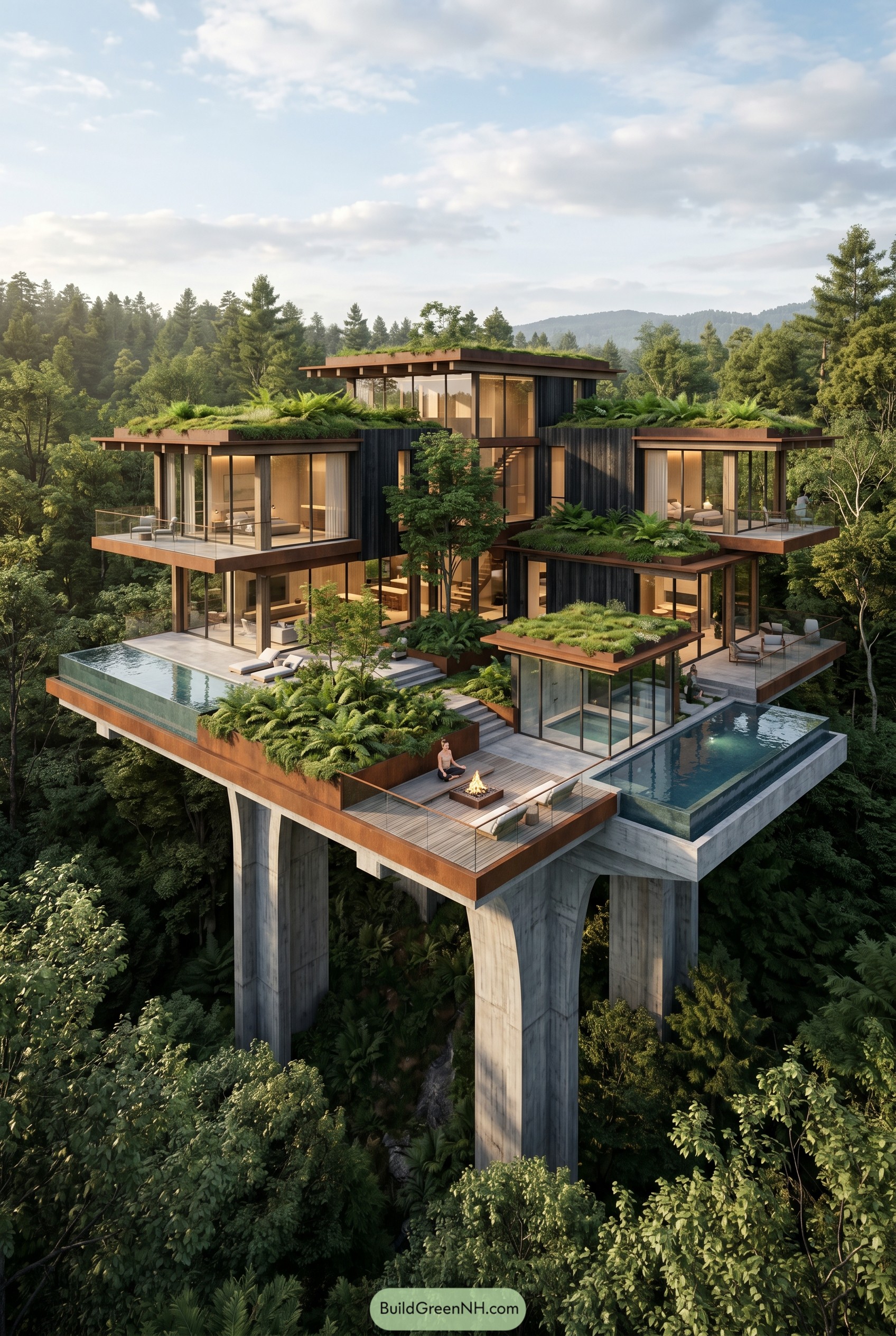Multi level forest house on concrete stilts with green roofs and infinity pools