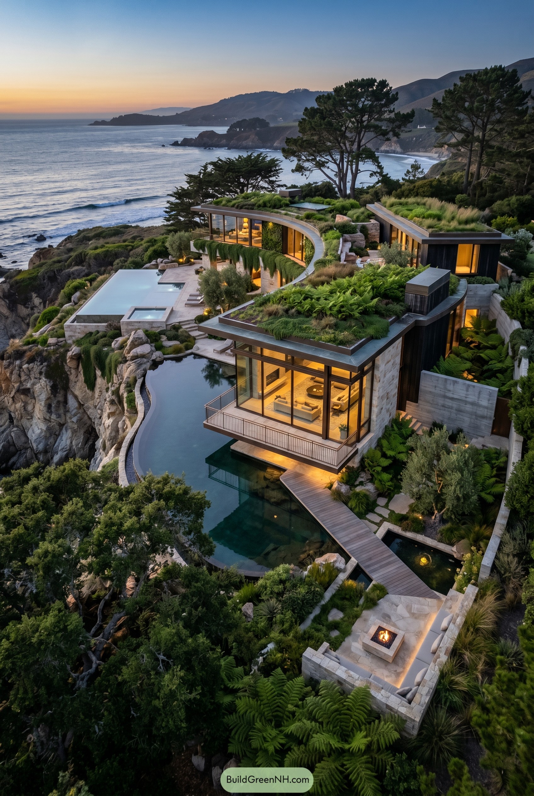 Curved cliffside villa with green roofs and pools