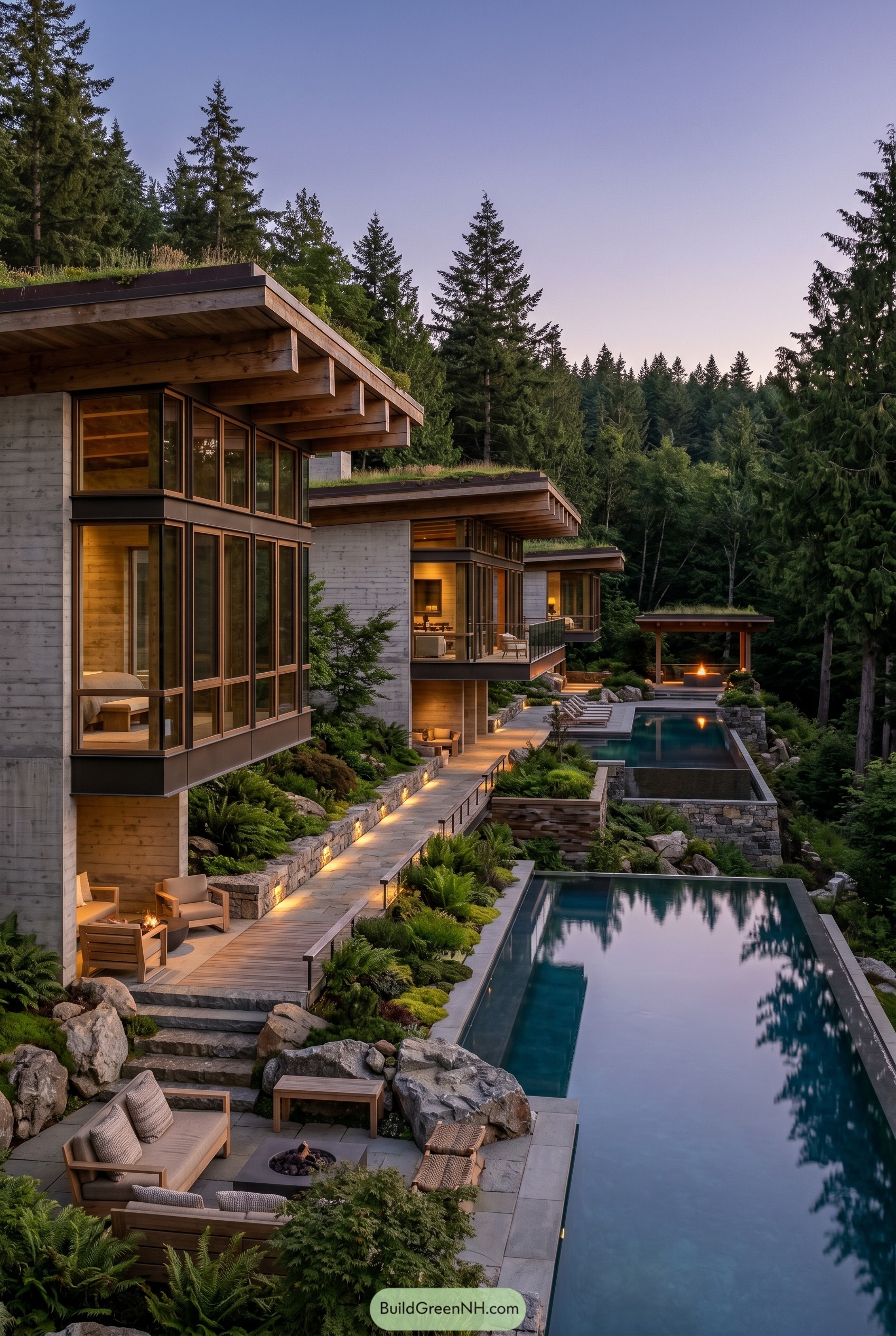 Forest hillside home with tiered infinity pools