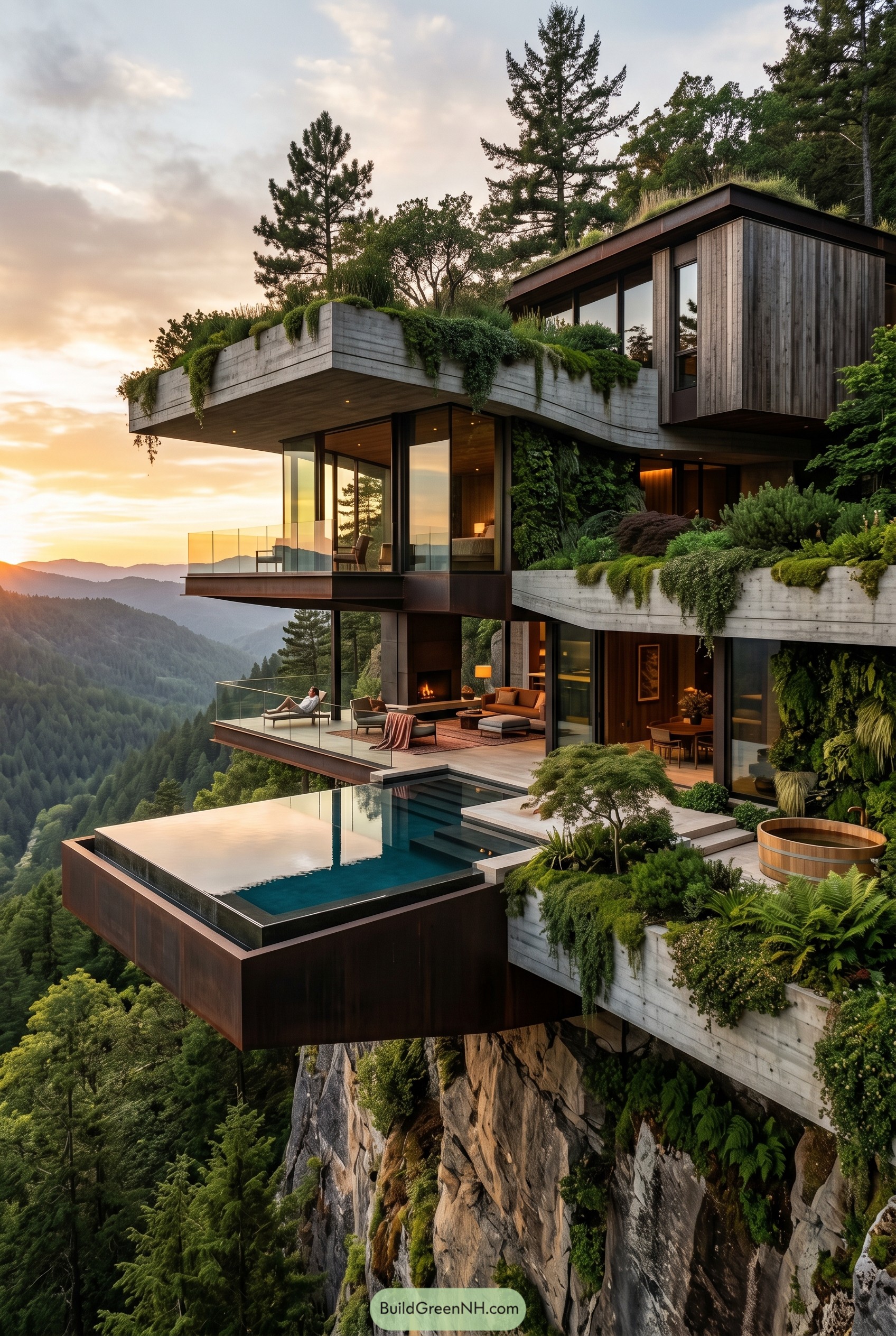 Modern cliffside home with green roofs and cantilevered pool