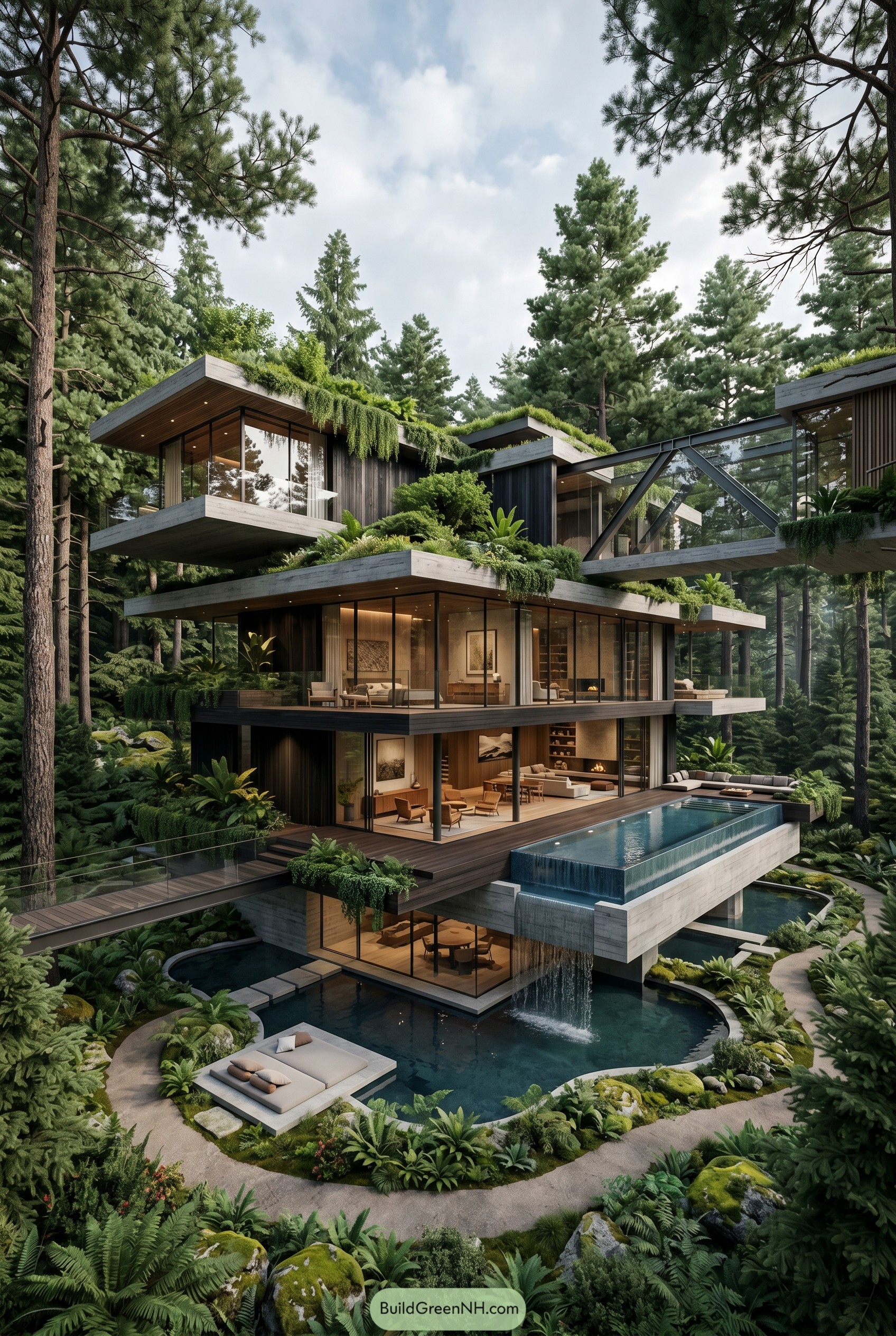 Multi level forest home with green roofs and infinity pool