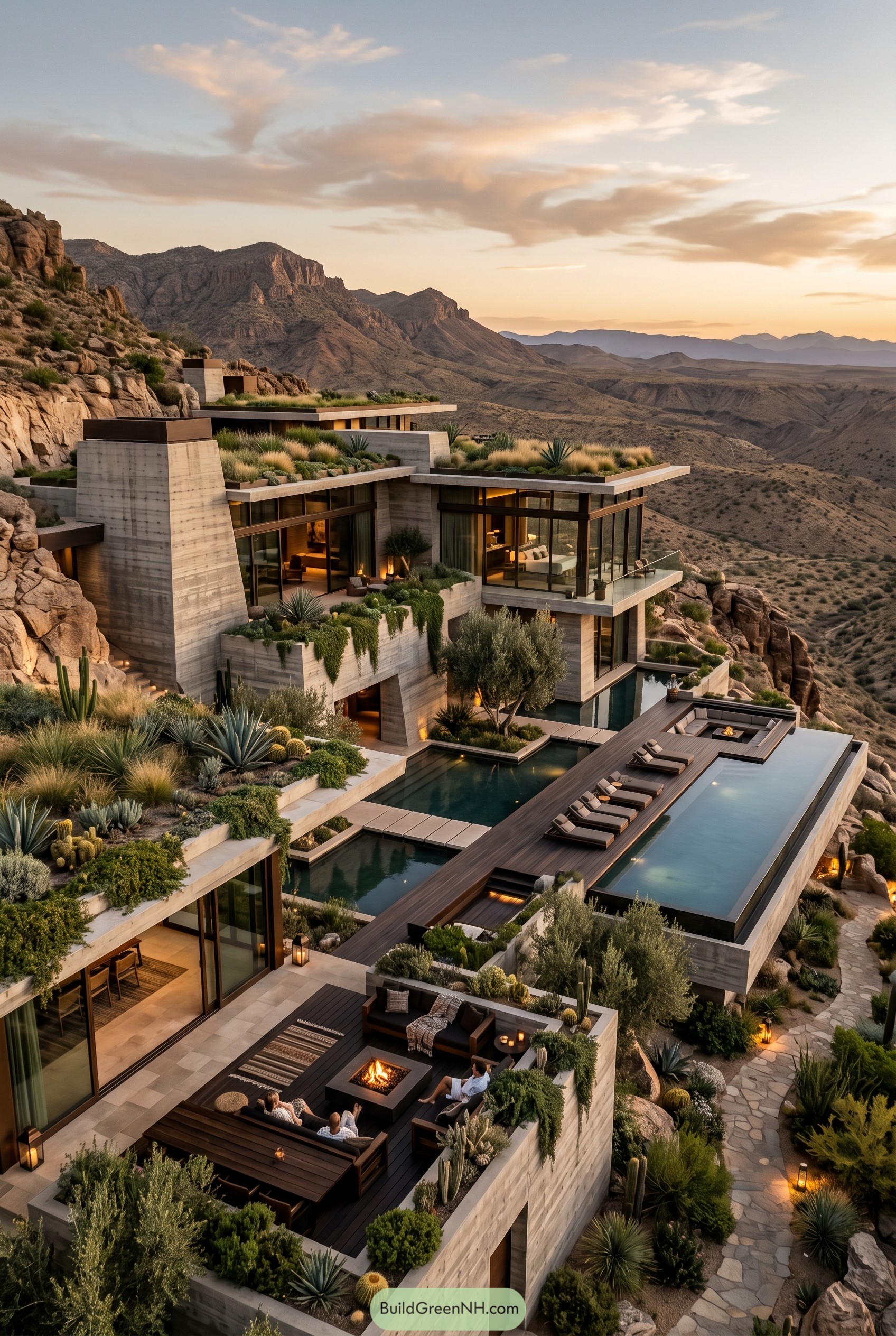 Terraced desert cliff house with rooftop gardens and pools
