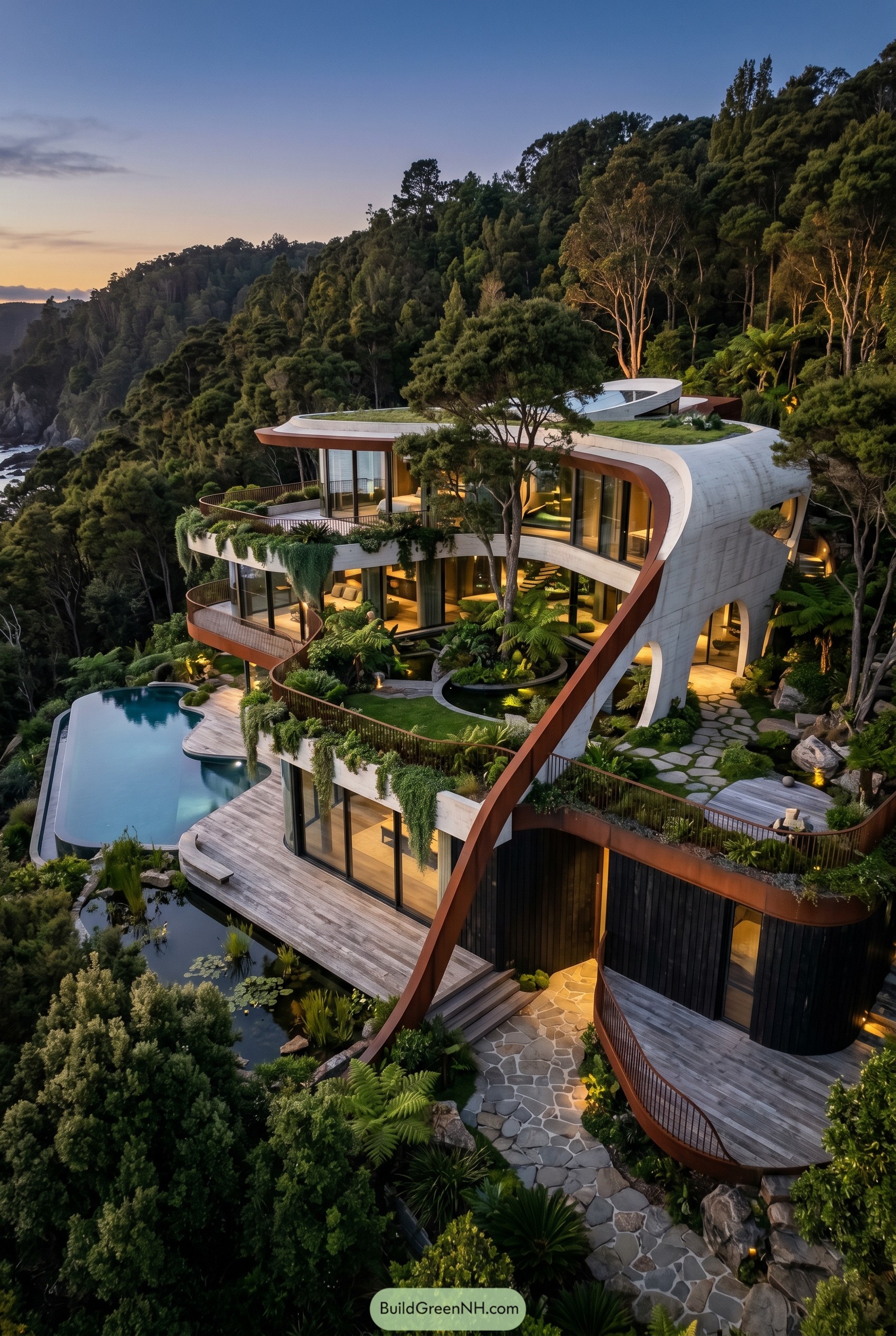 Curved forest hillside villa with green roofs and pool