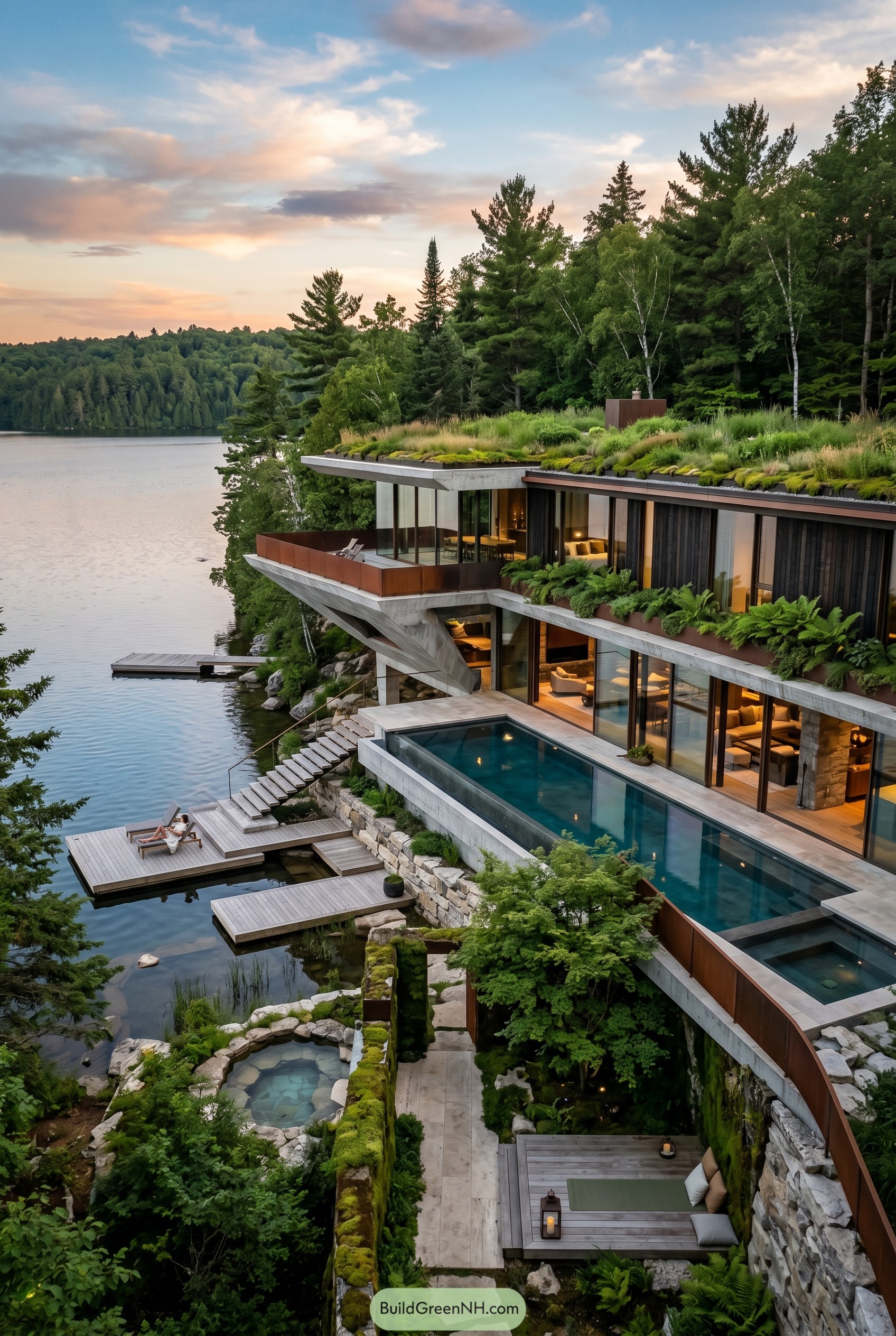 Modern lakeside villa with green roof and pool