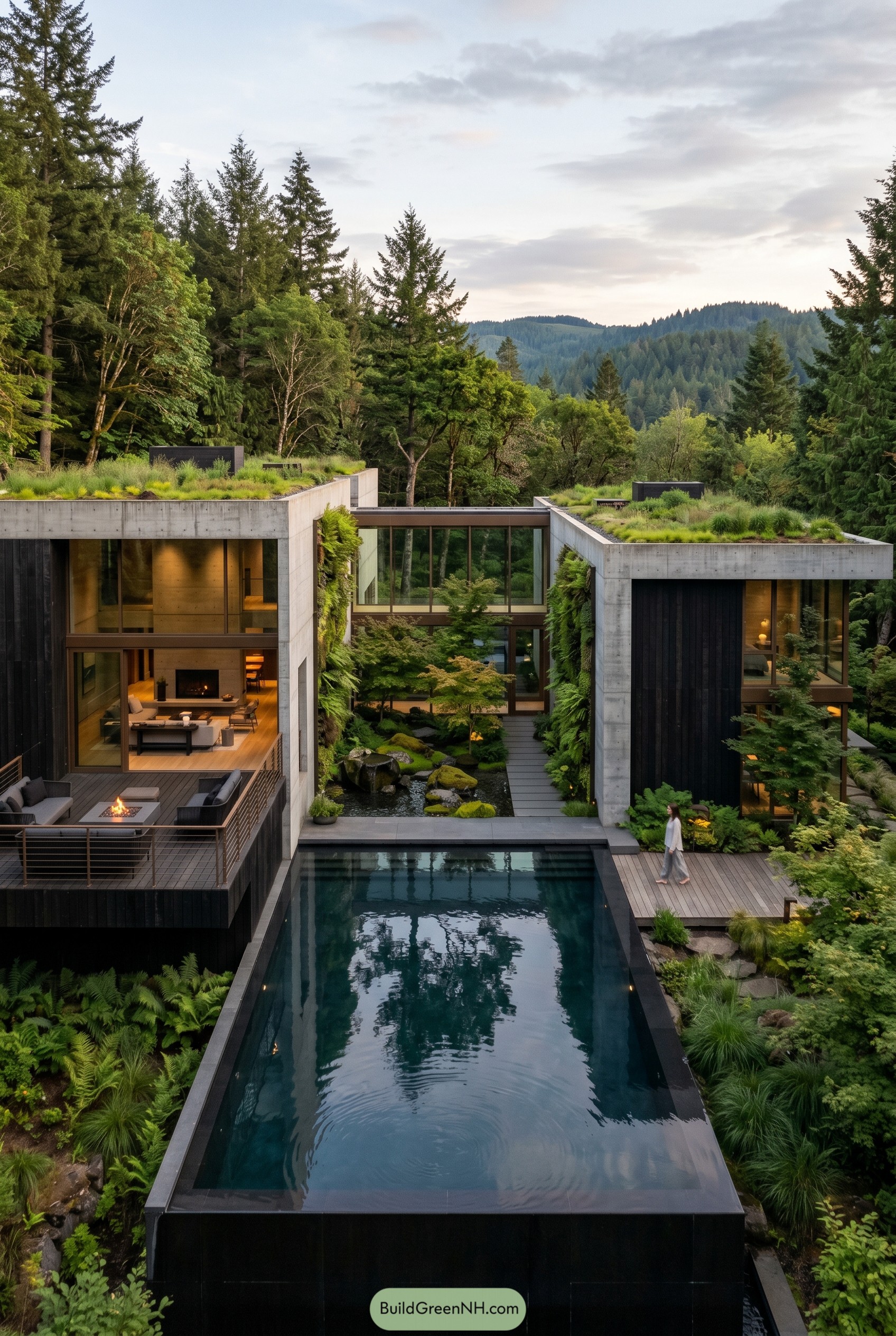 Modern forest house with green roofs and pool