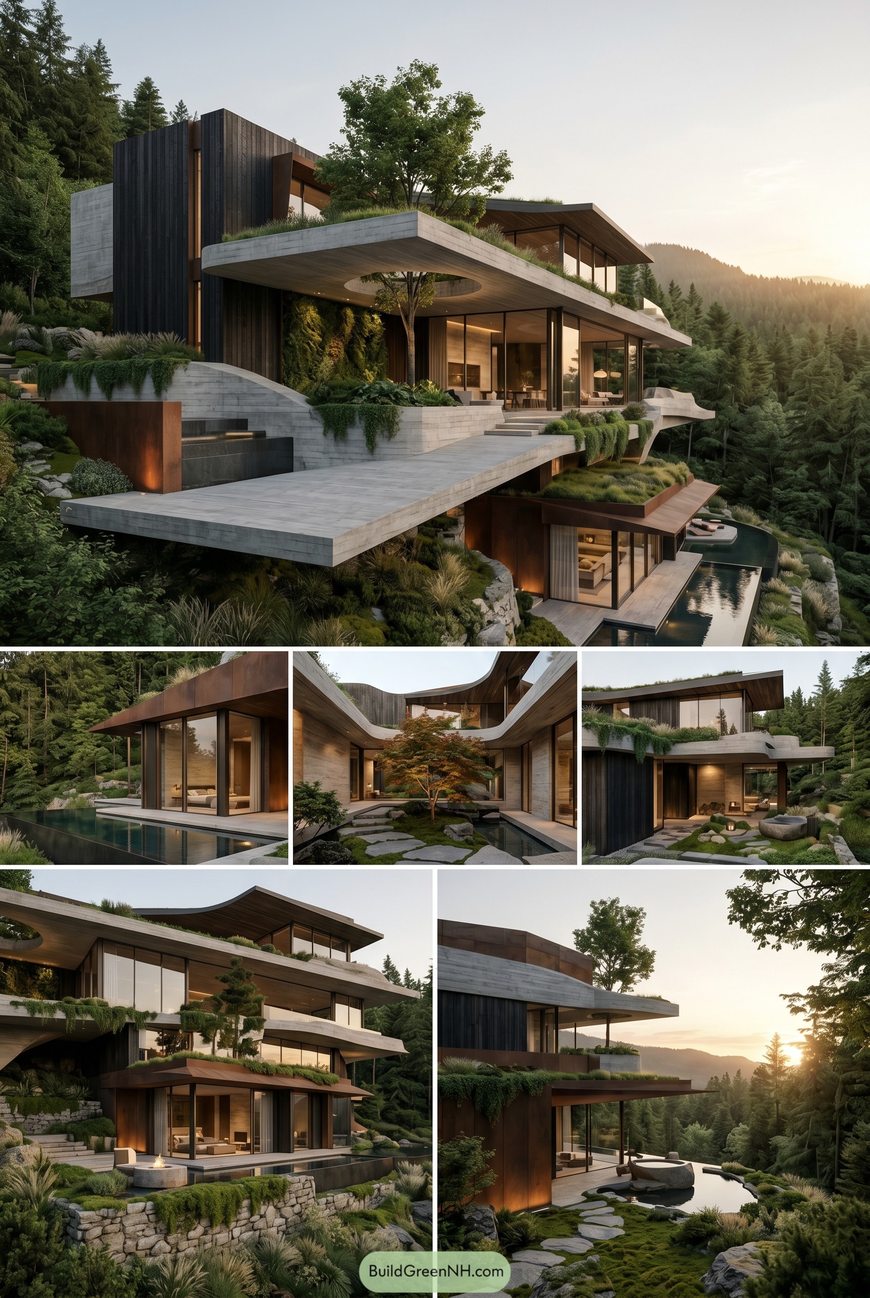 Modern hillside home with green terraces and pool